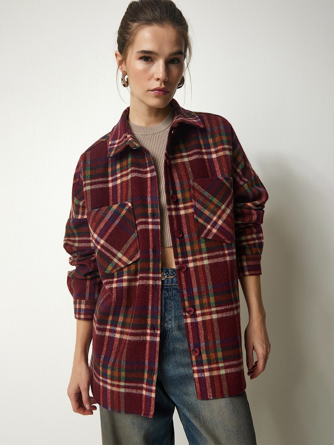 

Happiness istanbul Tartan Checked Cotton Opaque Casual Shacket, Burgundy