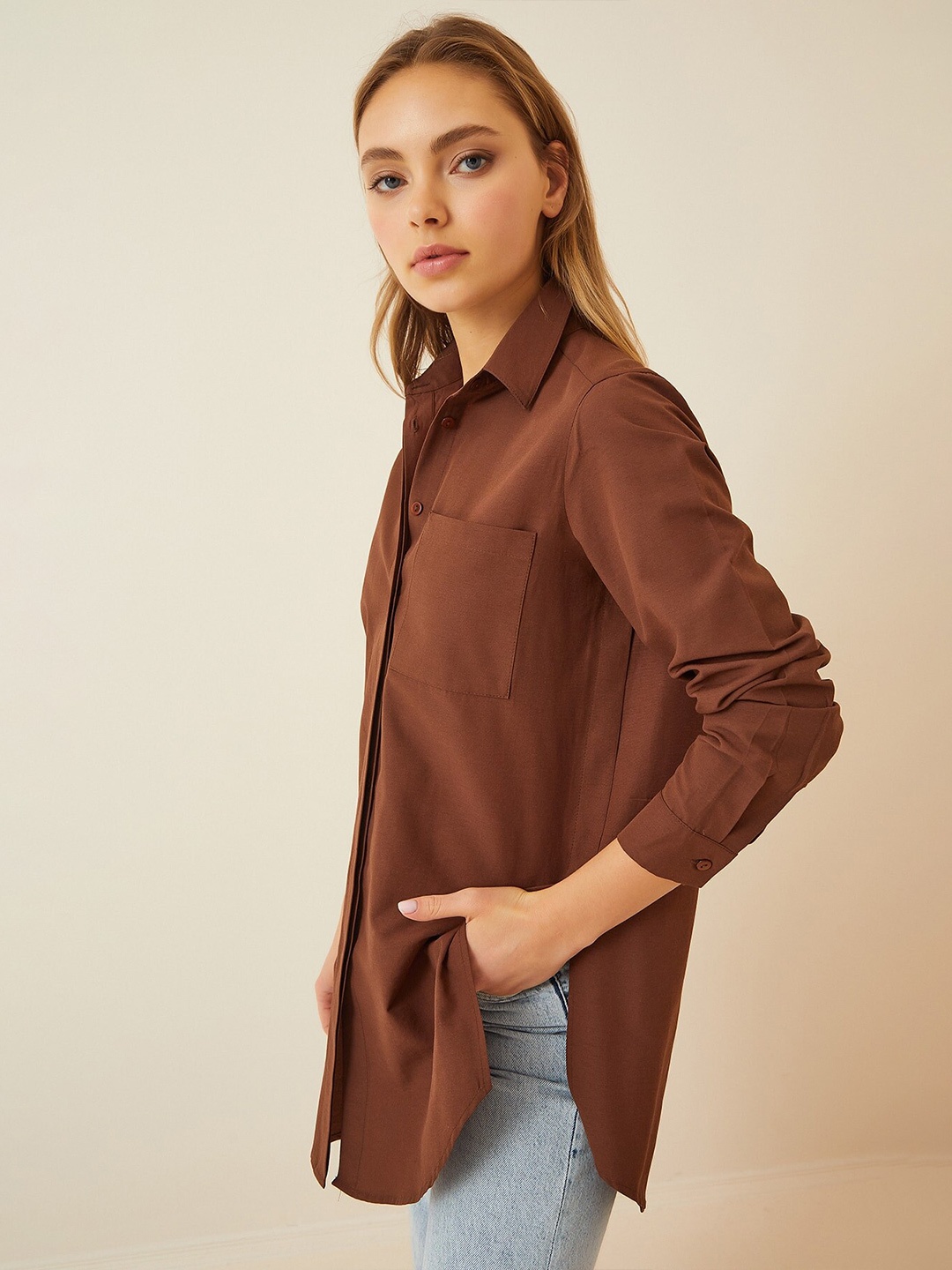 

Happiness istanbul Opaque Long Sleeves Cotton Casual Shirt, Brown