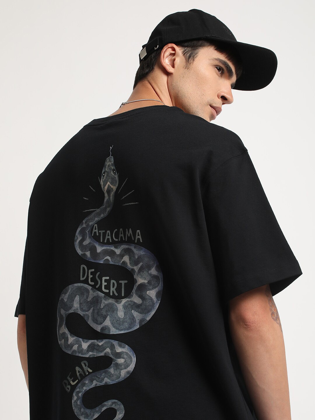THE BEAR HOUSE Animal Printed Round Neck Oversized Cotton T-shirt, Black