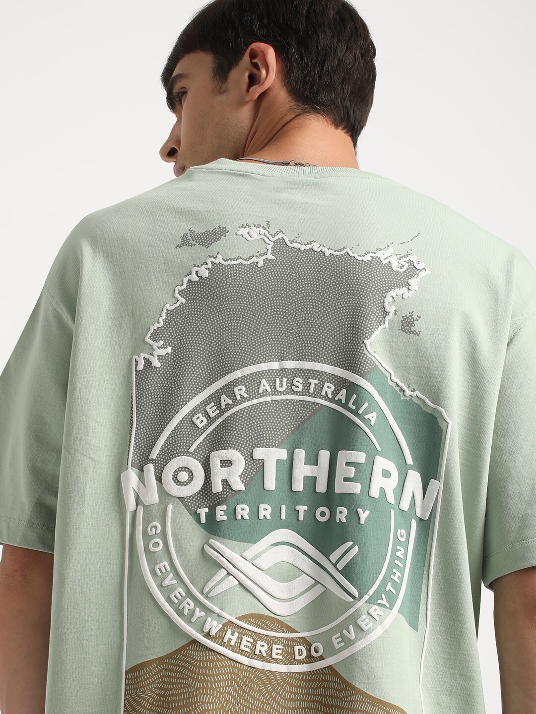 

THE BEAR HOUSE Graphic Printed Round Neck Cotton Oversized T-shirt, Green