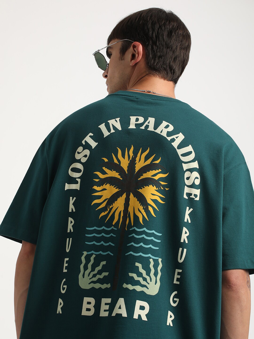 

THE BEAR HOUSE Graphic Printed Round Neck Cotton Oversized T-shirt, Green