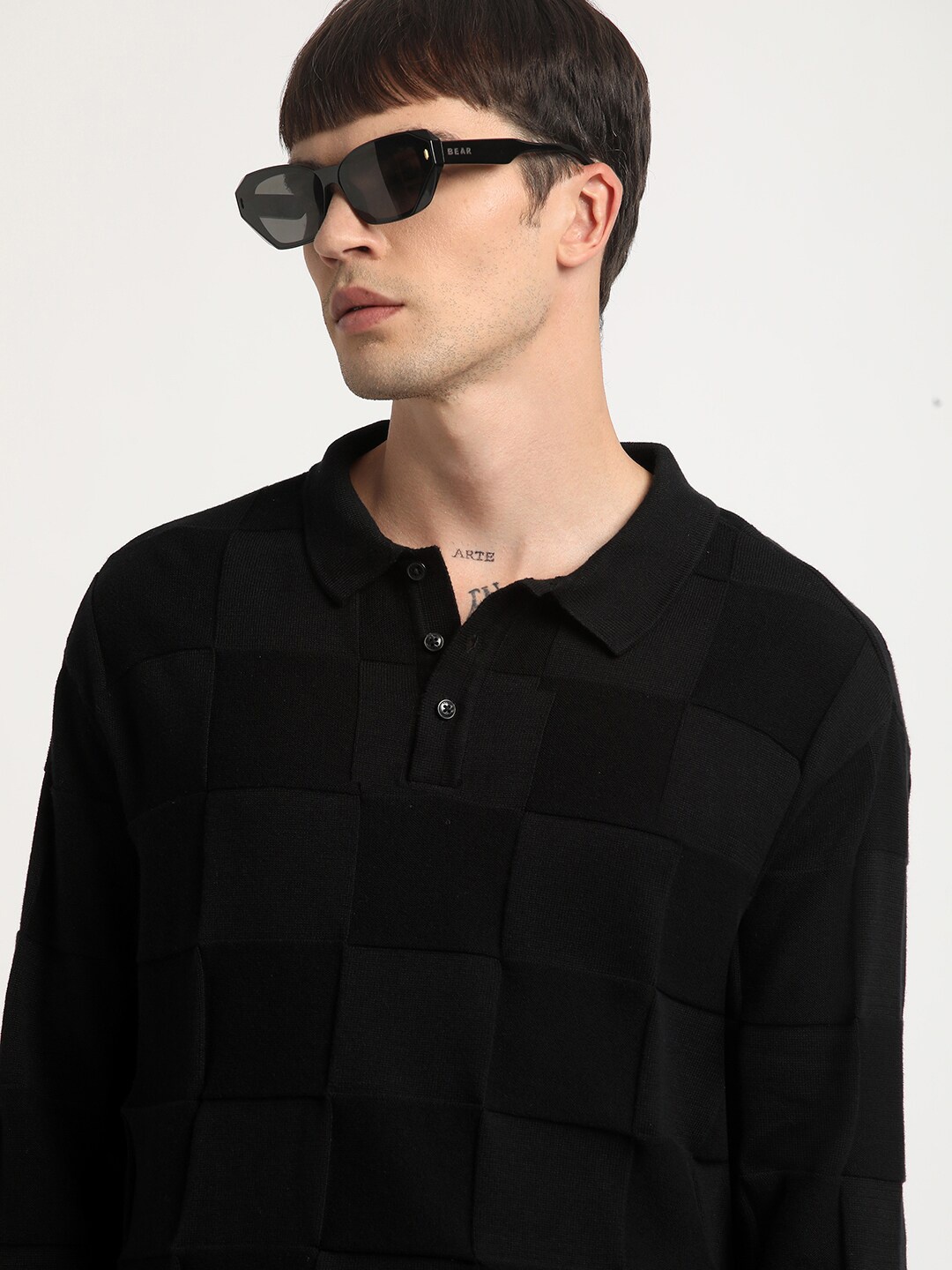 

THE BEAR HOUSE Checked Polo Collar Pure Cotton T-shirt, Black