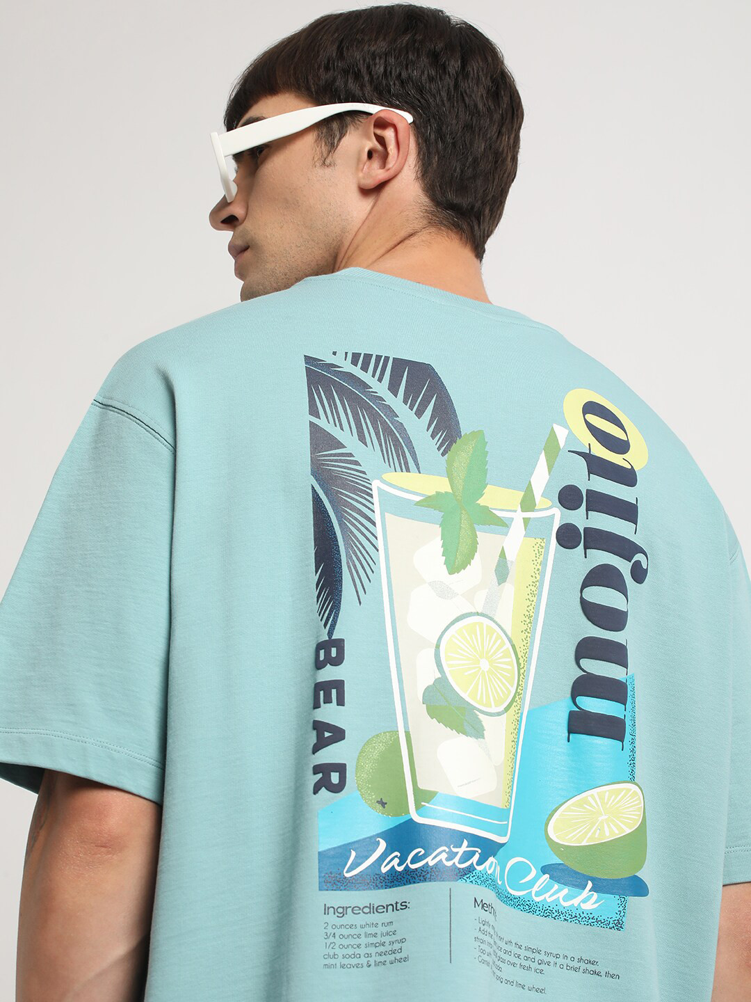 

THE BEAR HOUSE Graphic Printed Round Neck Cotton Oversized T-shirt, Blue