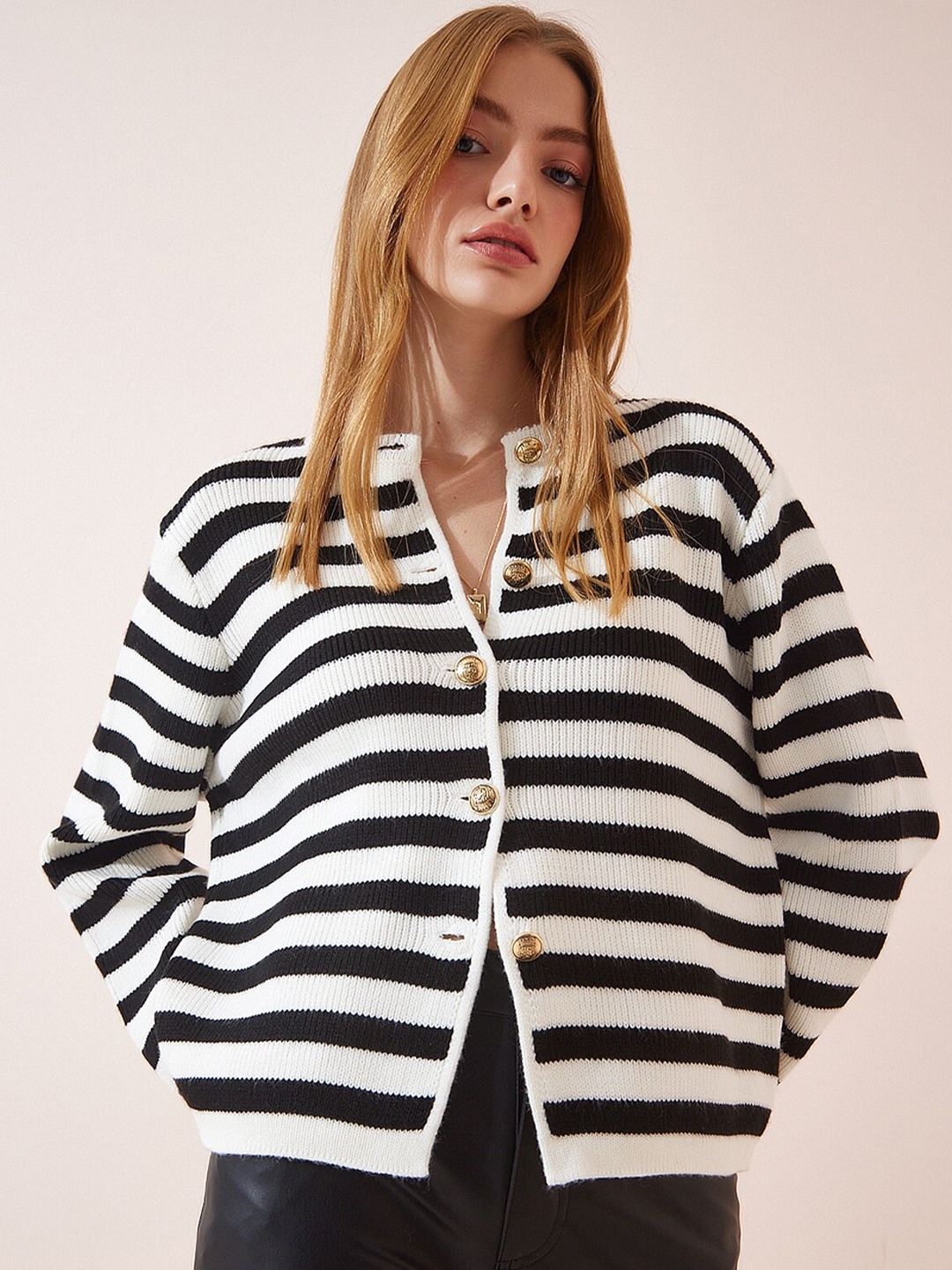 

Happiness istanbul Striped Round Neck Acrylic Cardigan Sweater, White
