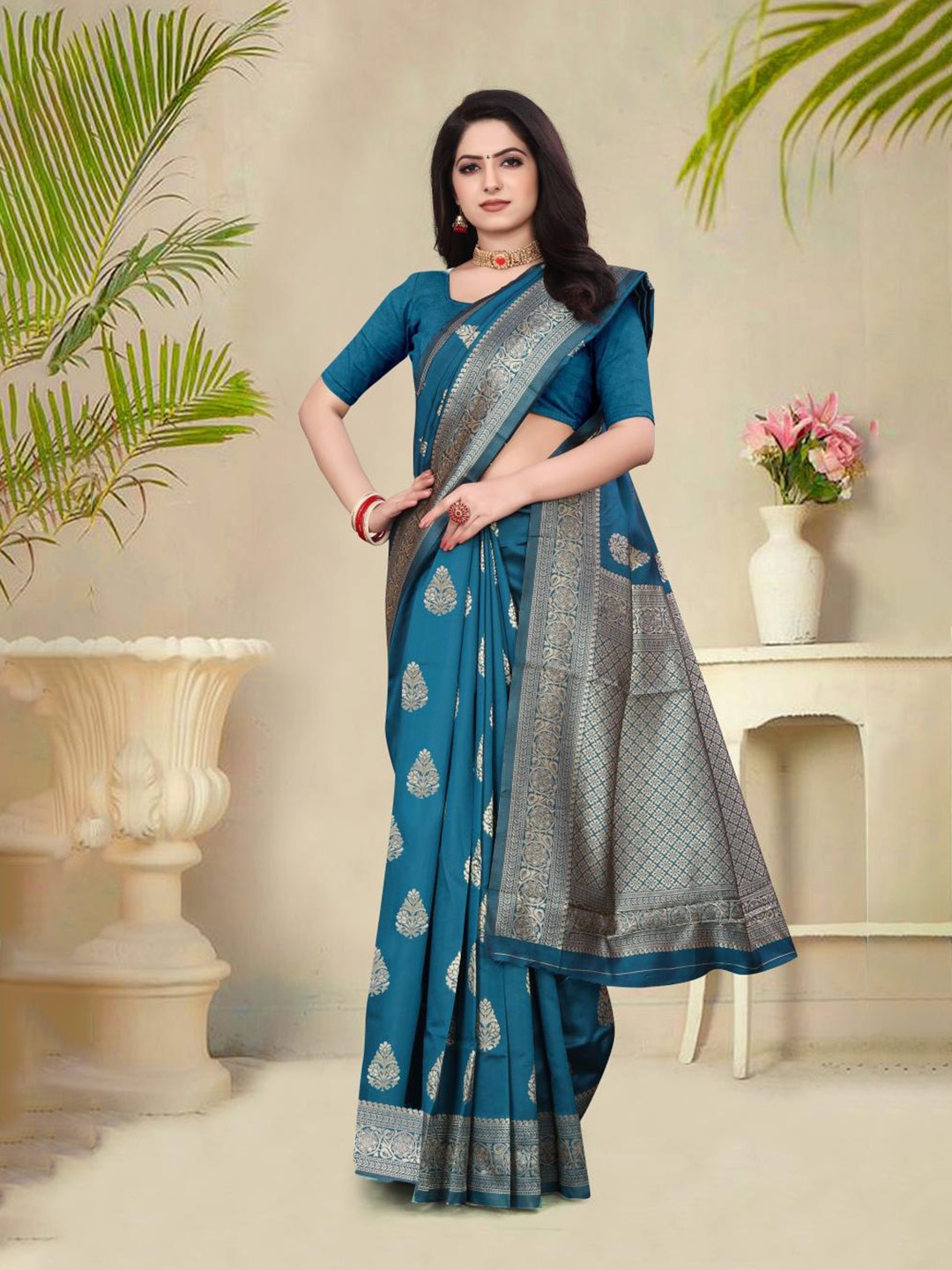 

Areca Designer Ethnic Motifs Woven Design Zari Banarasi Saree, Teal