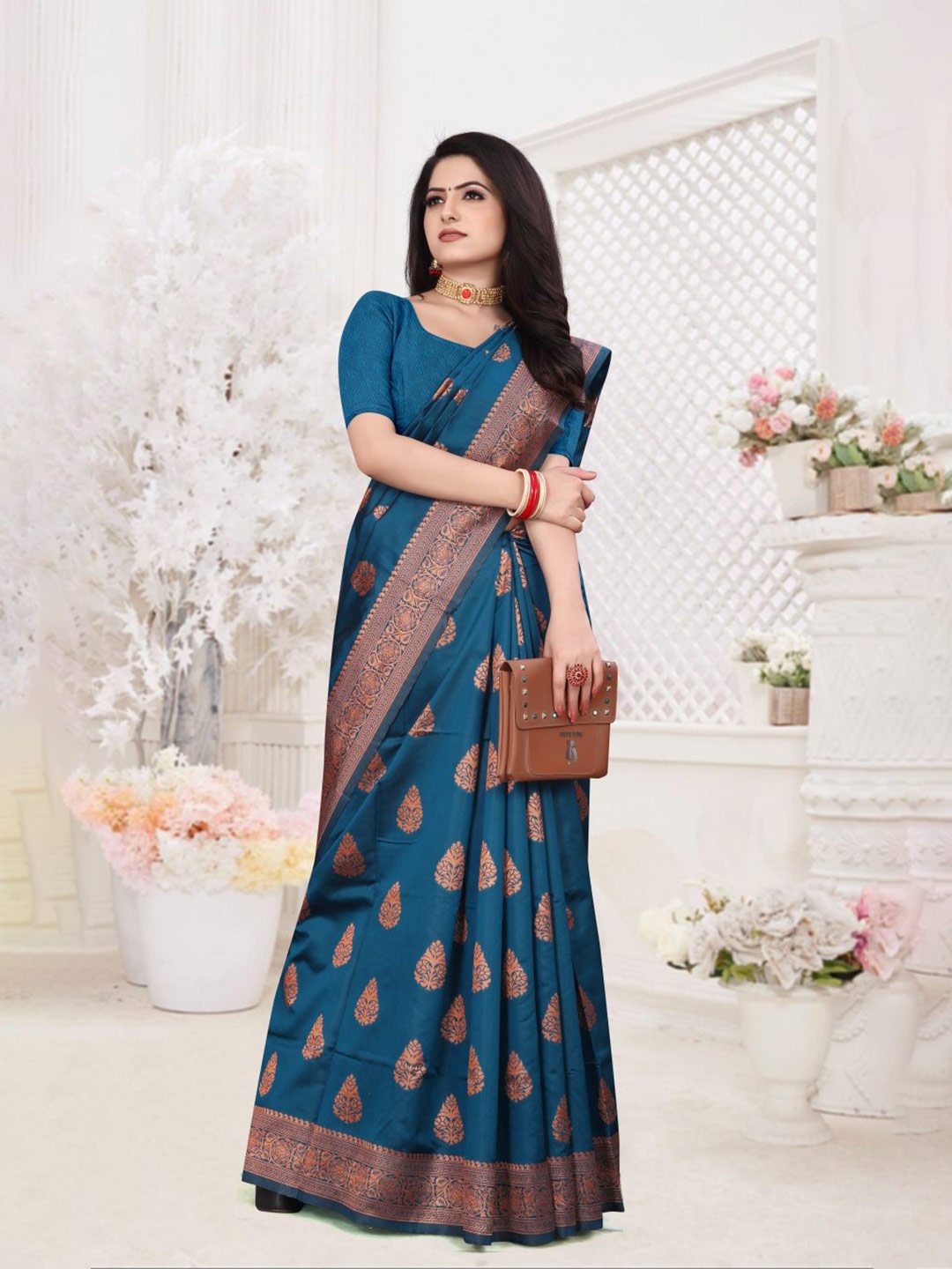 

Areca Designer Ethnic Motifs Woven Design Zari Banarasi Saree, Teal