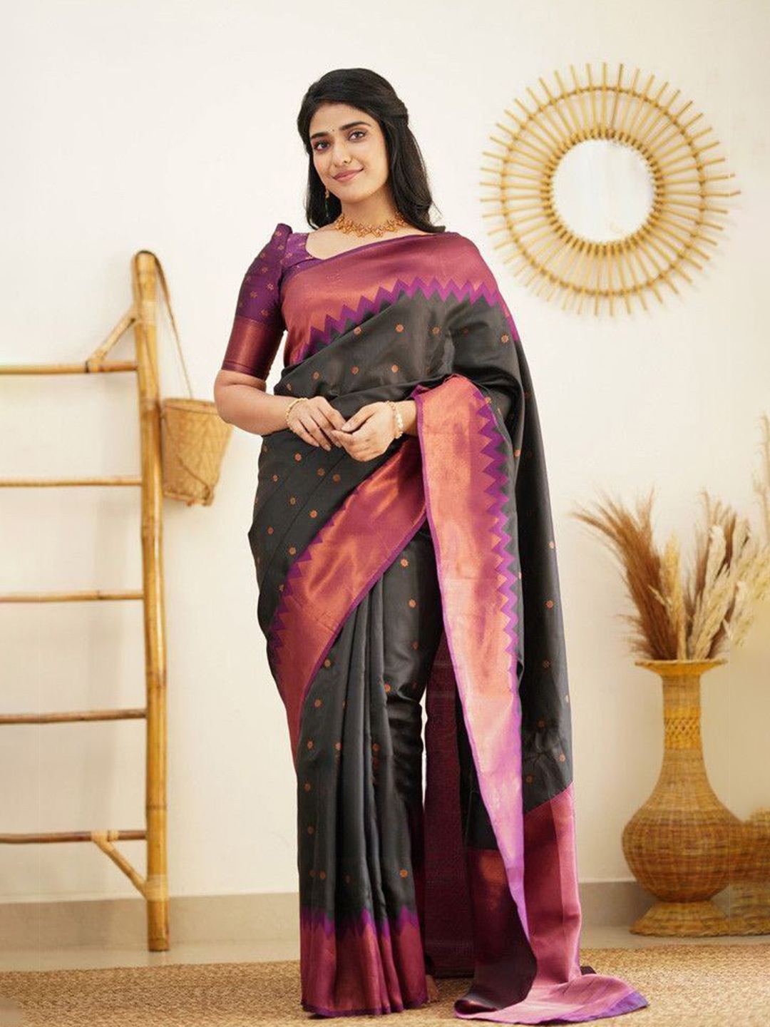 

Areca Designer Ethnic Motifs Woven Design Zari Banarasi Saree, Black