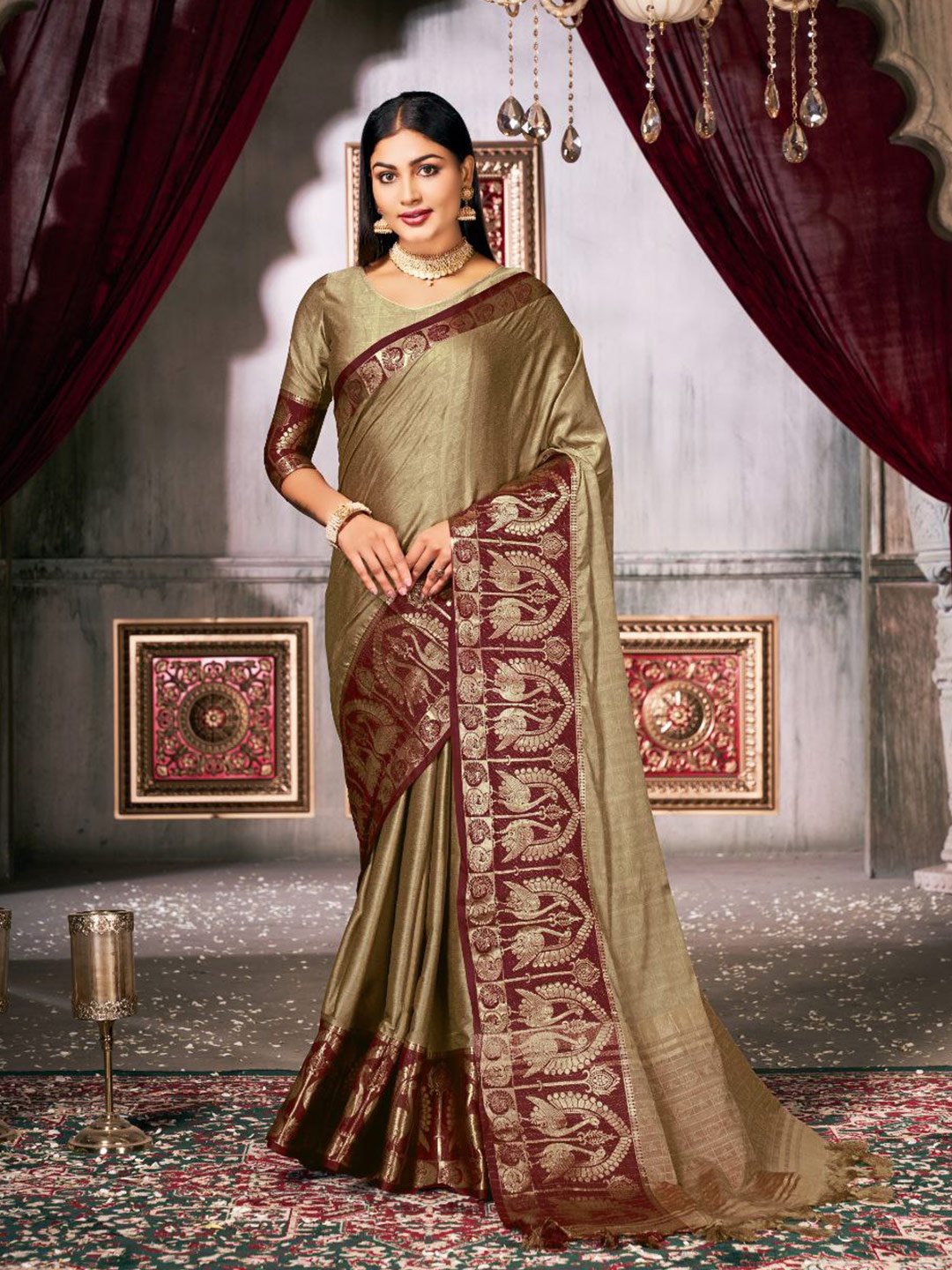 

Areca Designer Ethnic Motifs Woven Design Zari Banarasi Saree, Cream