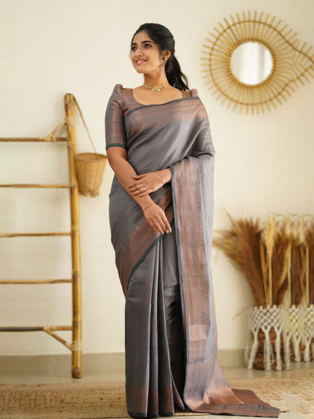 

Areca Designer Woven Design Zari Banarasi Saree, Grey