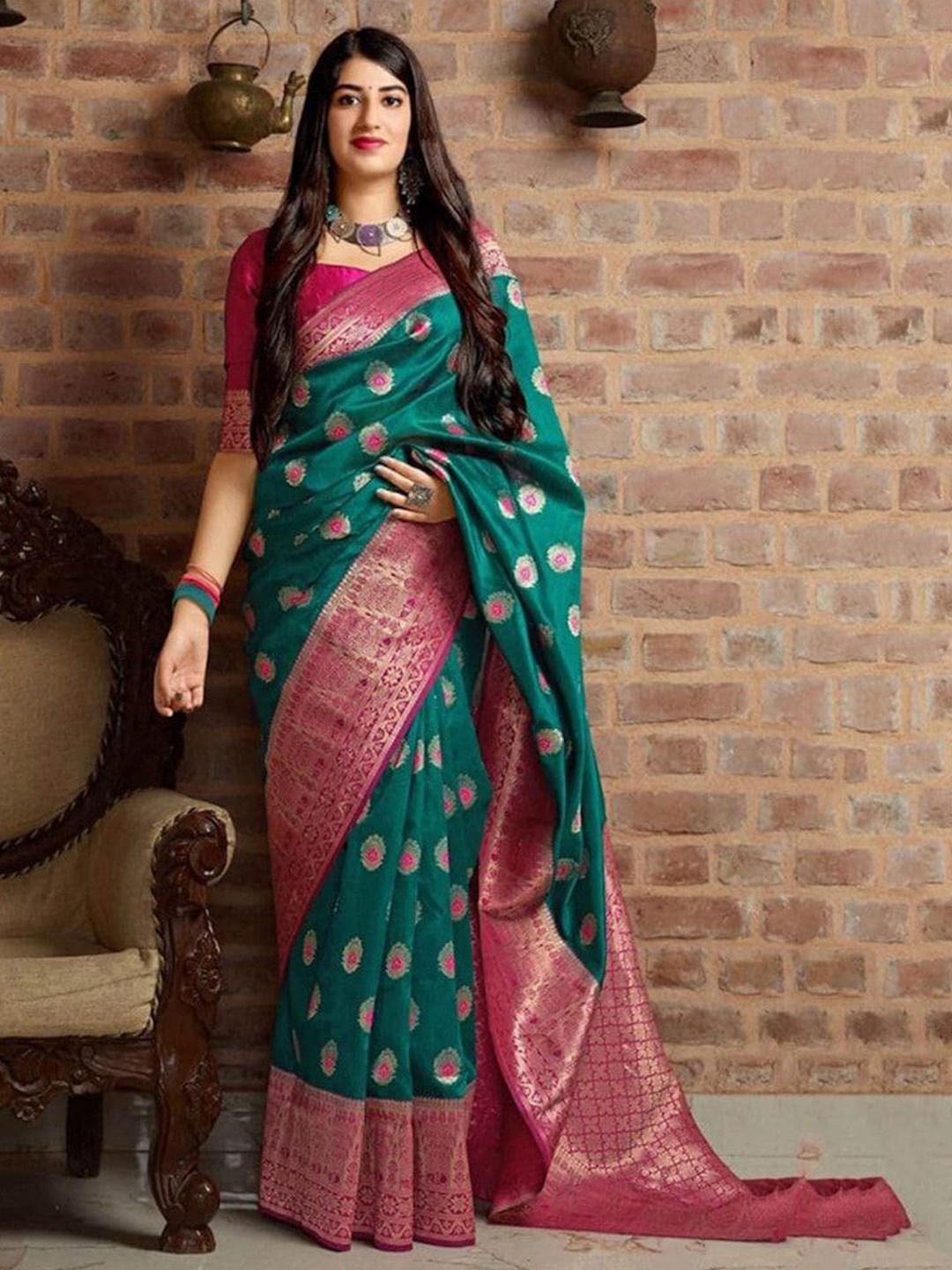 

Areca Designer Ethnic Motifs Woven Design Zari Banarasi Saree, Teal