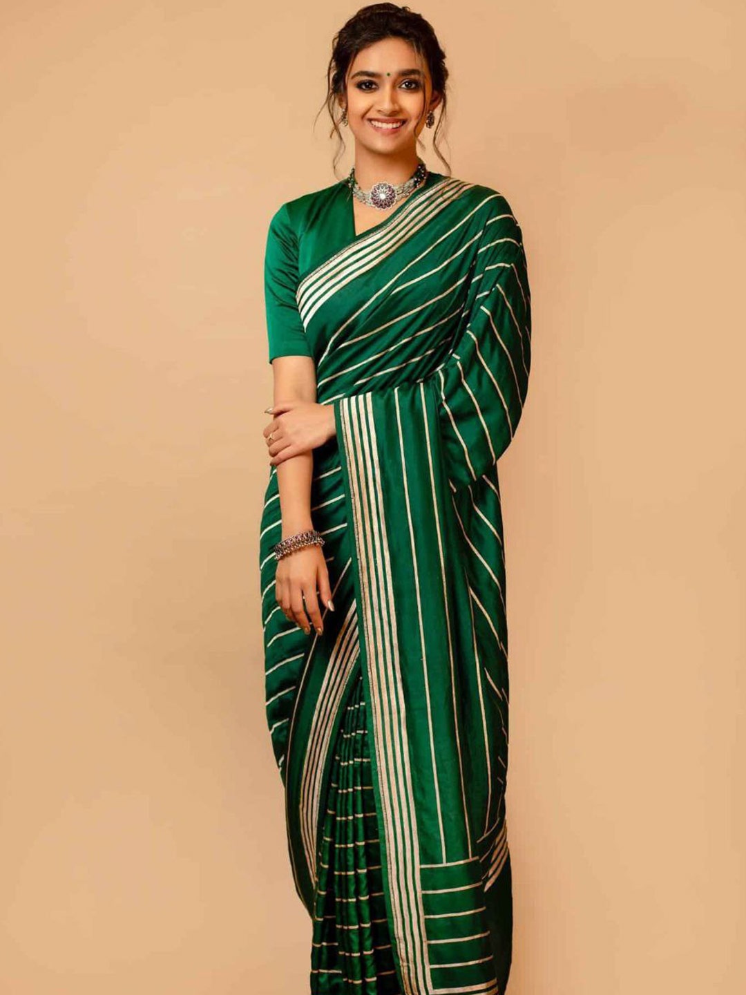 

Areca Designer Striped Zari Banarasi Saree, Green
