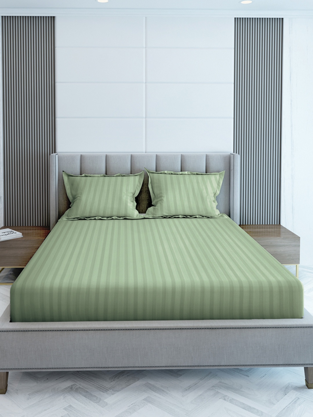 

LABHAM Sea Green Striped 210 TC Cotton King Bedsheet with 2 Pillow Covers