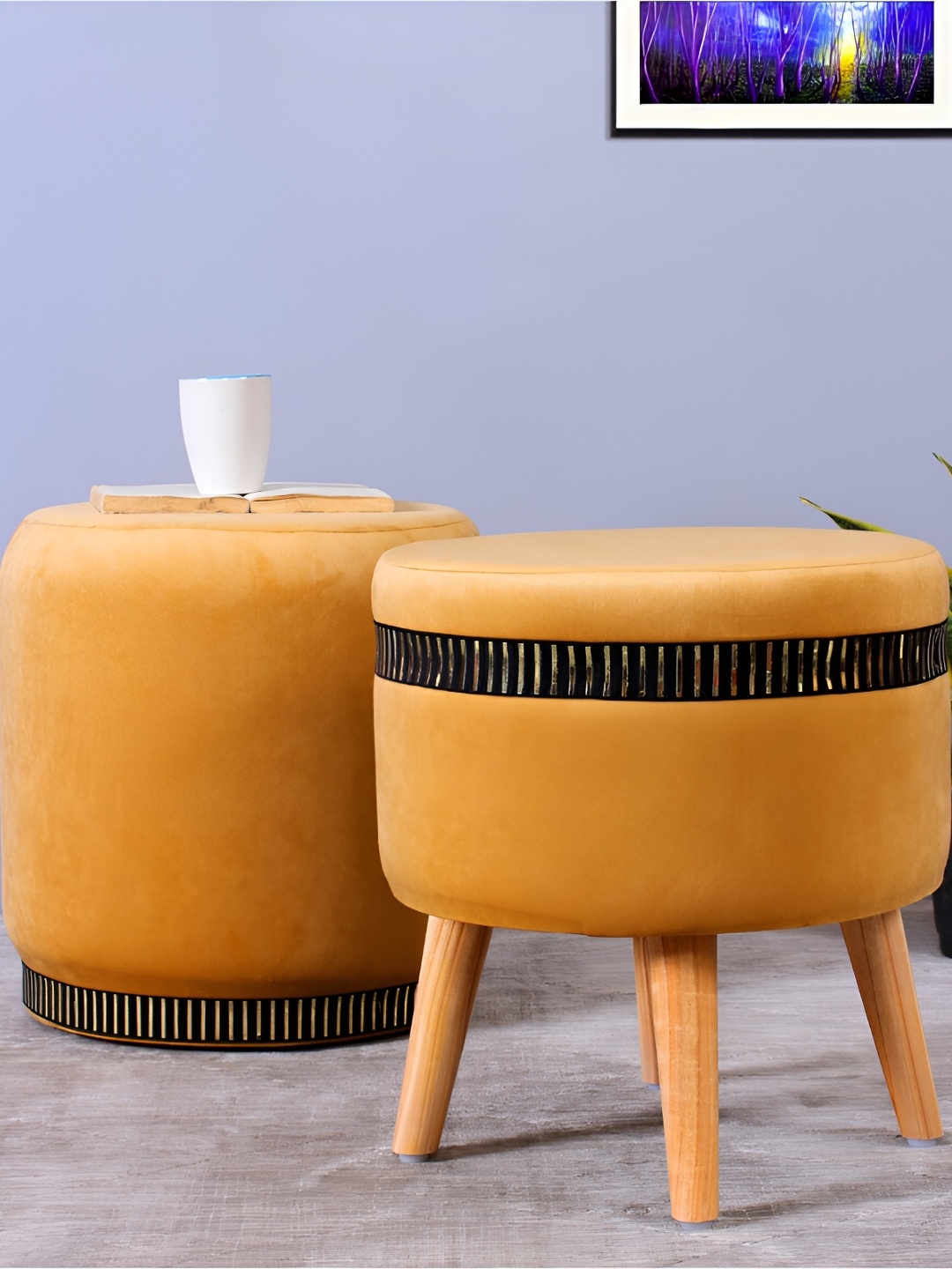 

Shadowkart Beige & Black Cylindrical Wooden Ottoman