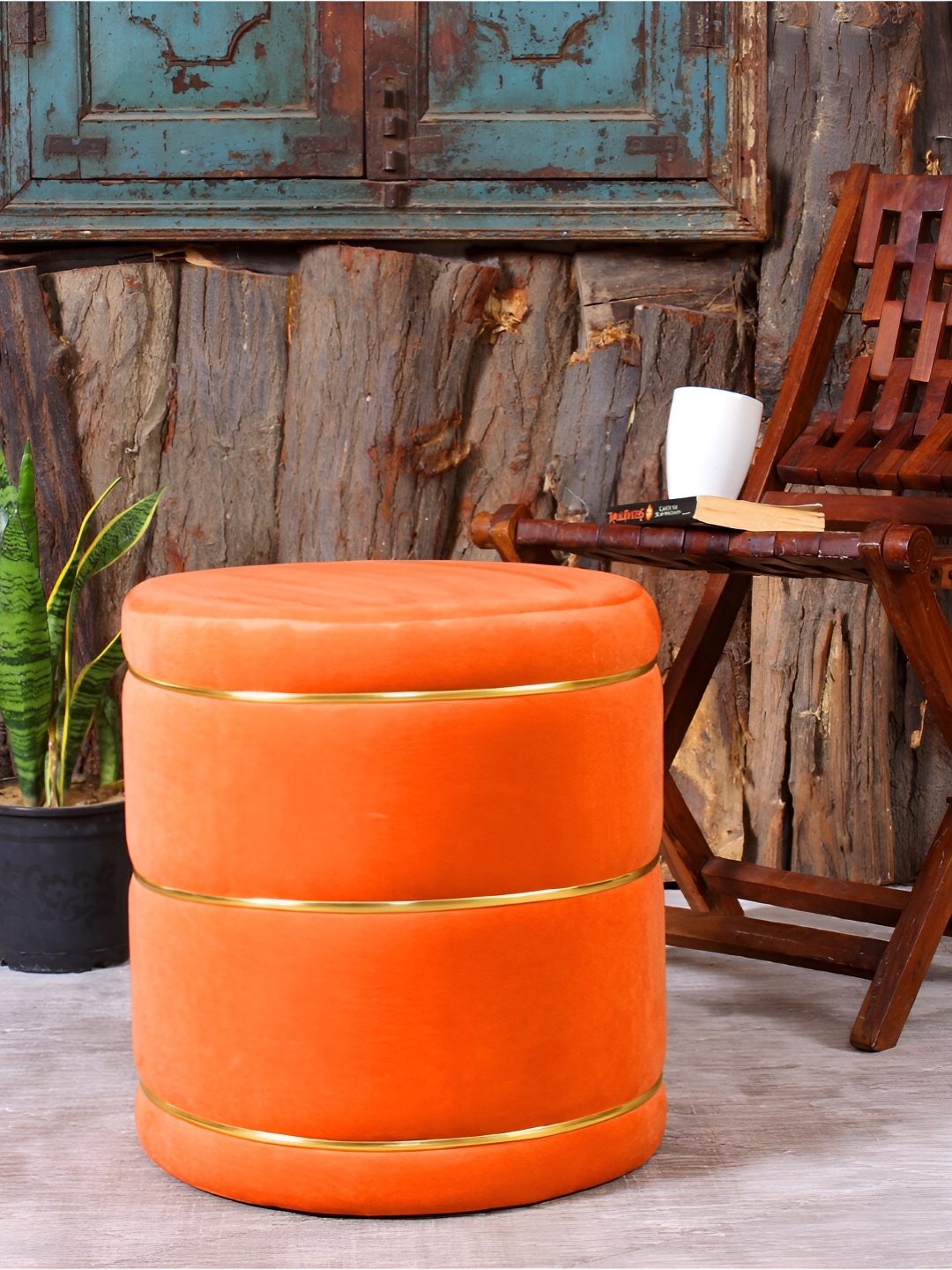 

Shadowkart Orange-colored Velvet & Wooden Round Ottoman