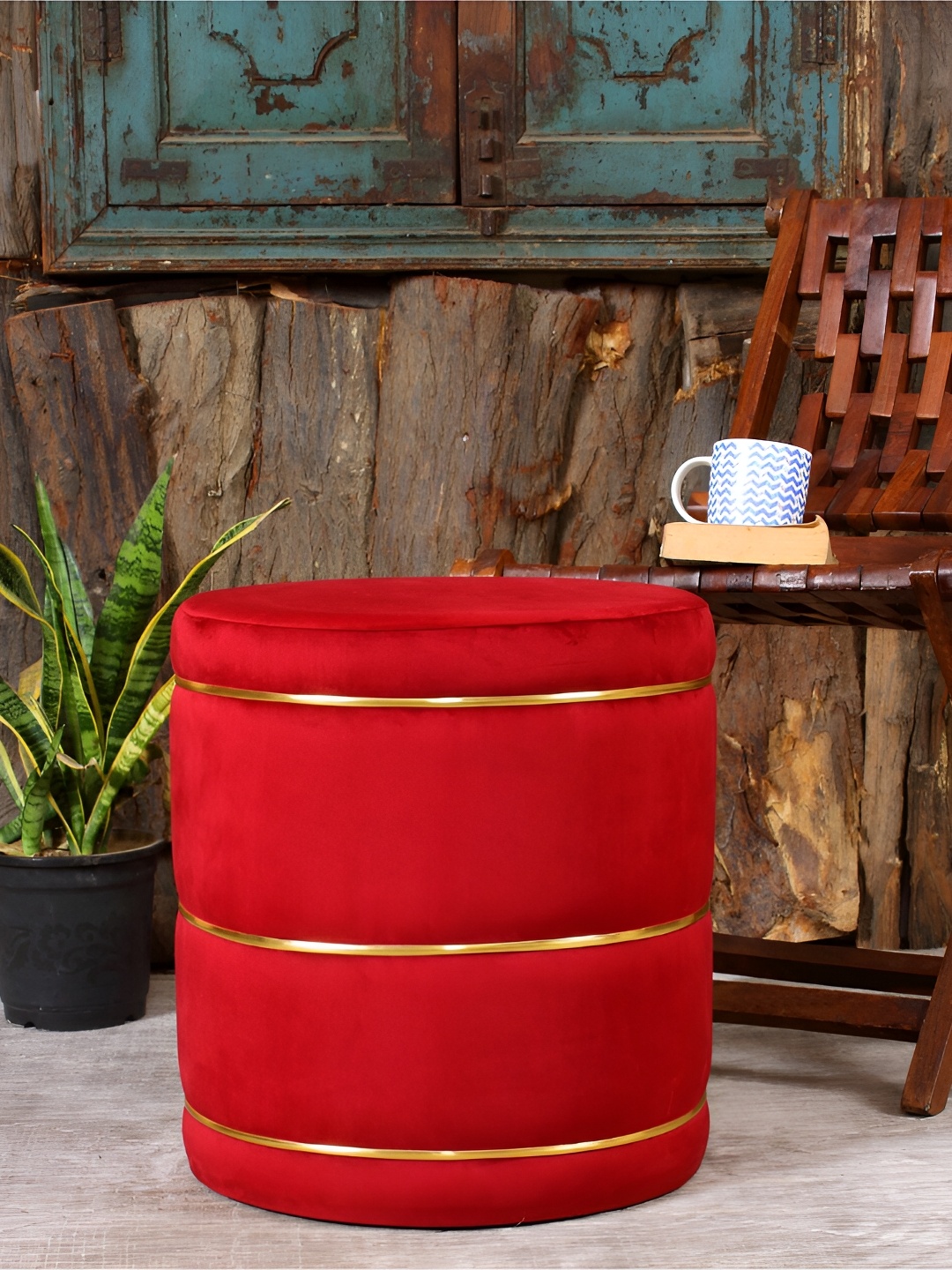 

Shadowkart Red Velvet & Wooden Round Ottoman