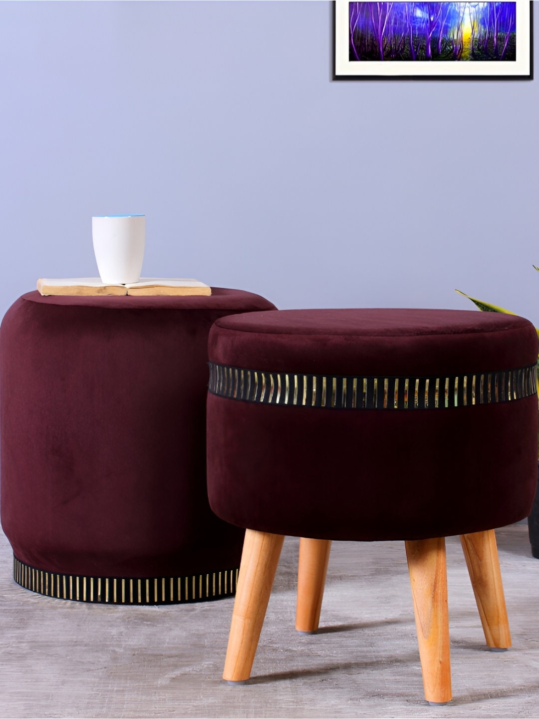 

Shadowkart Coffee Brown Velvet & Wooden Round Ottoman