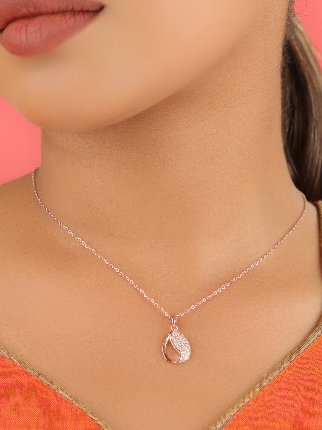 

Zeraki Jewels Stainless Steel Rose Gold-Plated Drop Crystal Studded Pendant & Chain