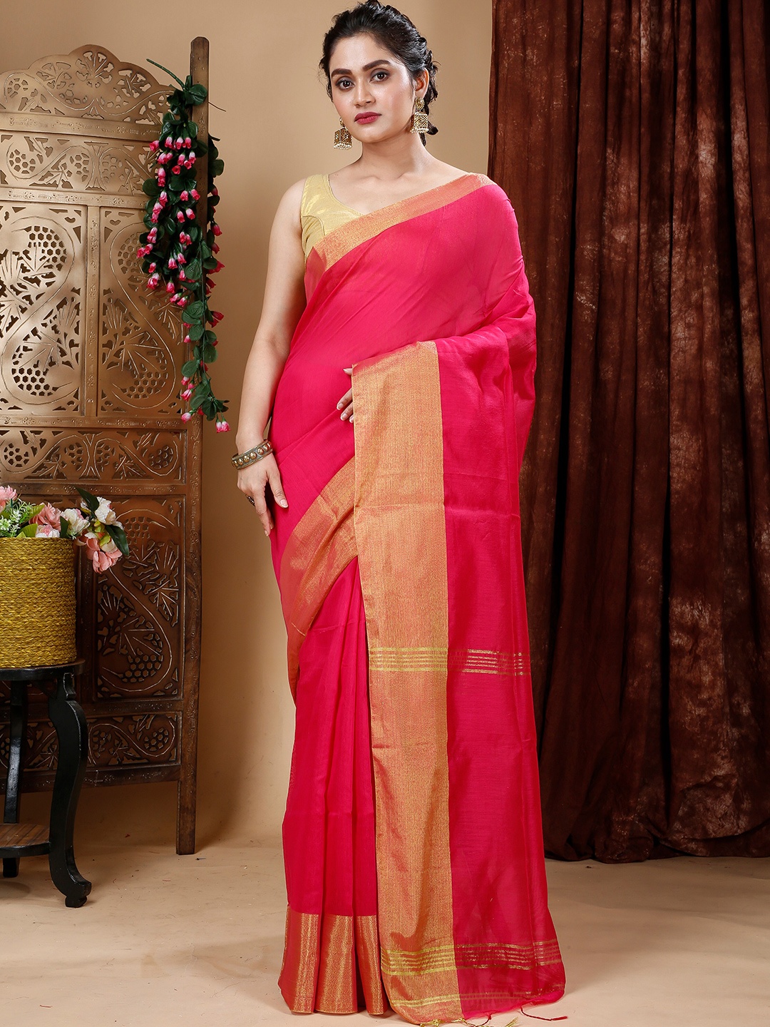 

SLAGHA Zari Taant Saree, Pink