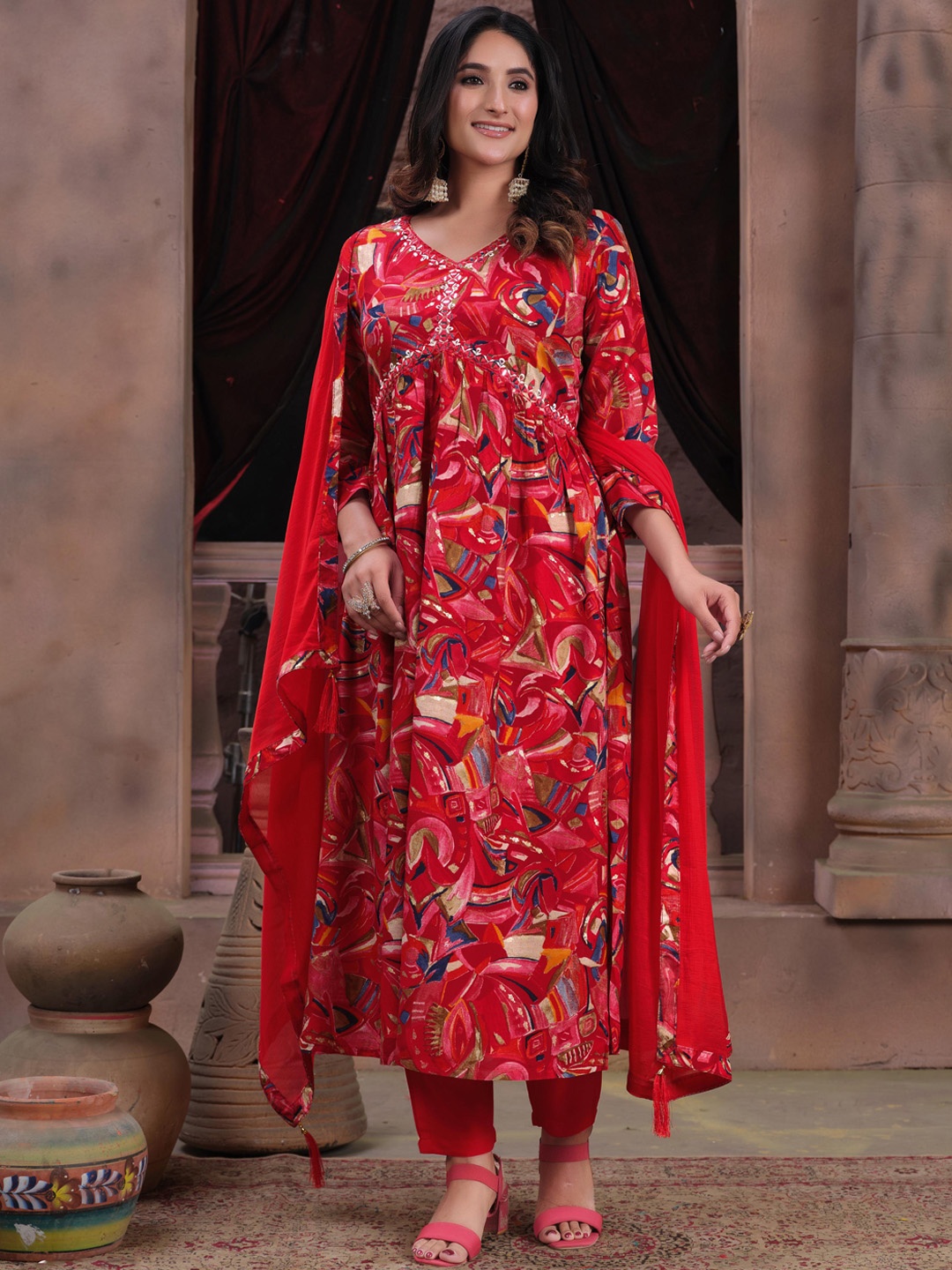 

KALINI Floral Printed V-Neck Mirror Work Kurta with Trousers & Dupatta, Red