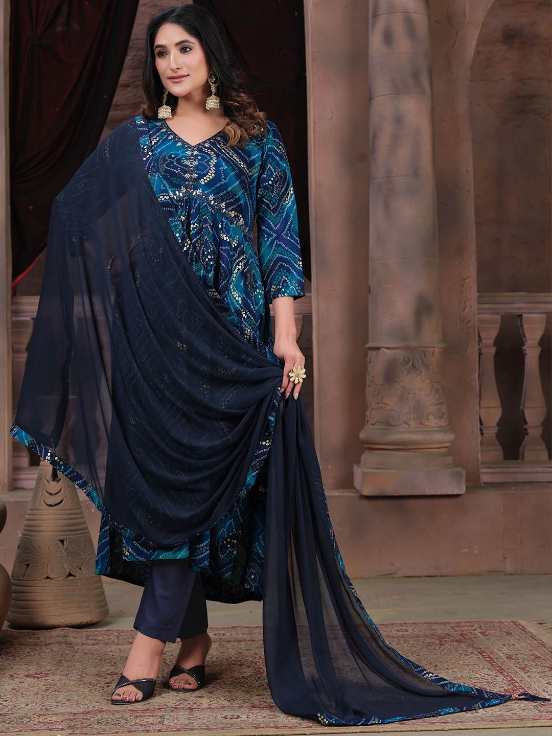 

KALINI Bandhani Printed Empire Mirror Work Kurta With Trousers & Dupatta, Navy blue