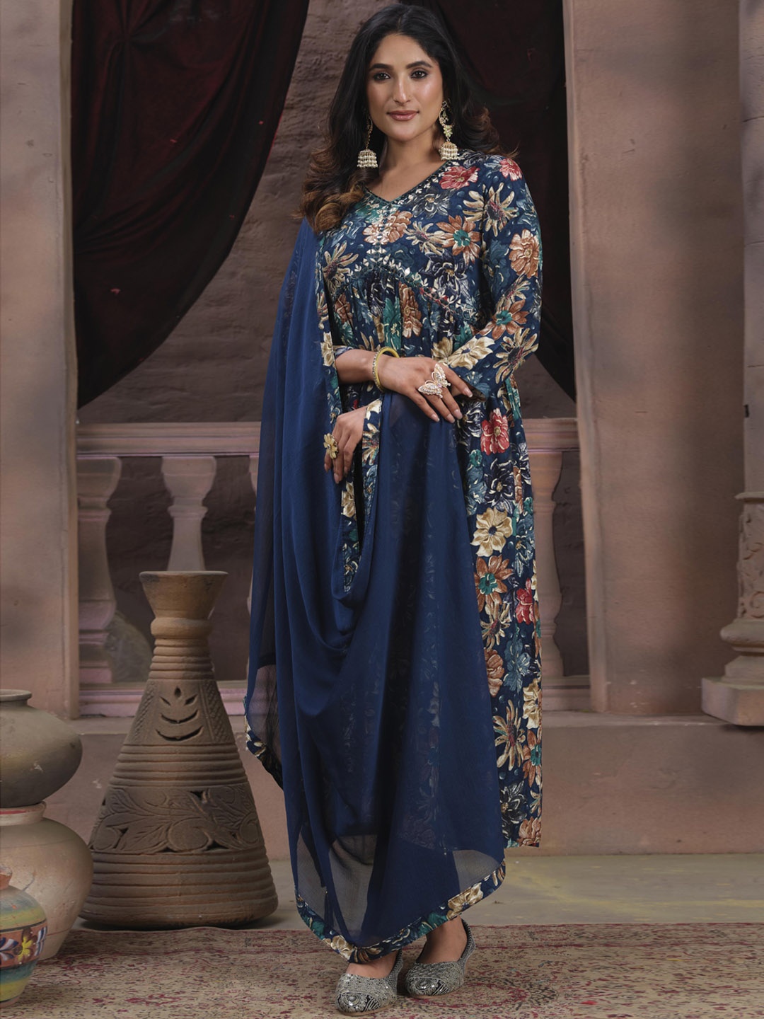 

KALINI Floral Printed Empire Mirror Work Kurta With Trousers & Dupatta, Navy blue