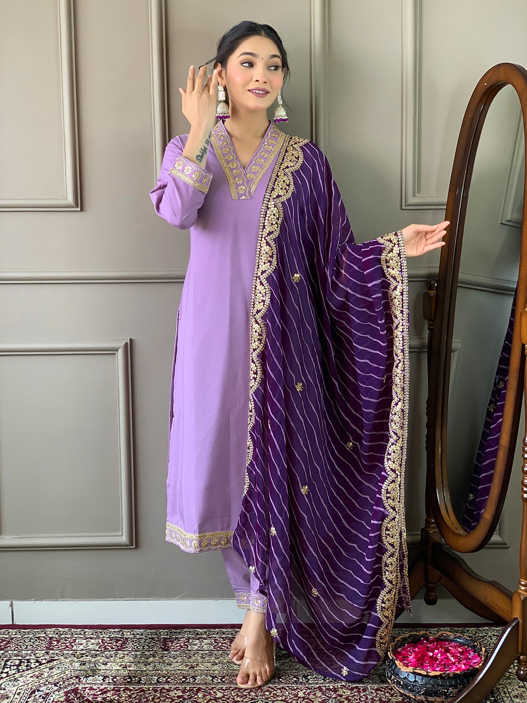 KALINI V-Neck Zari Mirror Work Kurta with Trousers & Dupatta, Lavender
