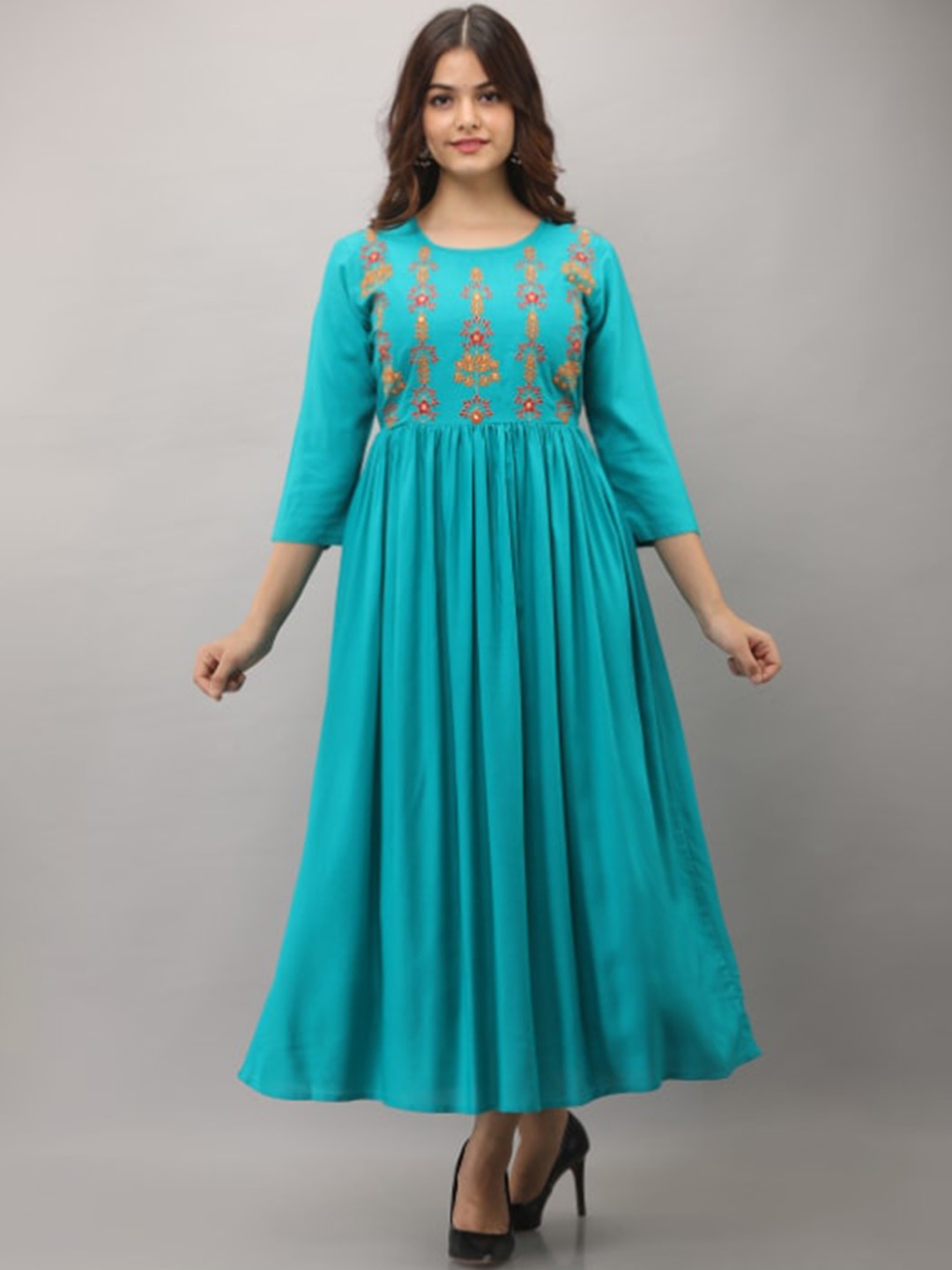 

BAIRAJ Striped Yoke Design Thread Work Anarkali Kurta, Turquoise blue