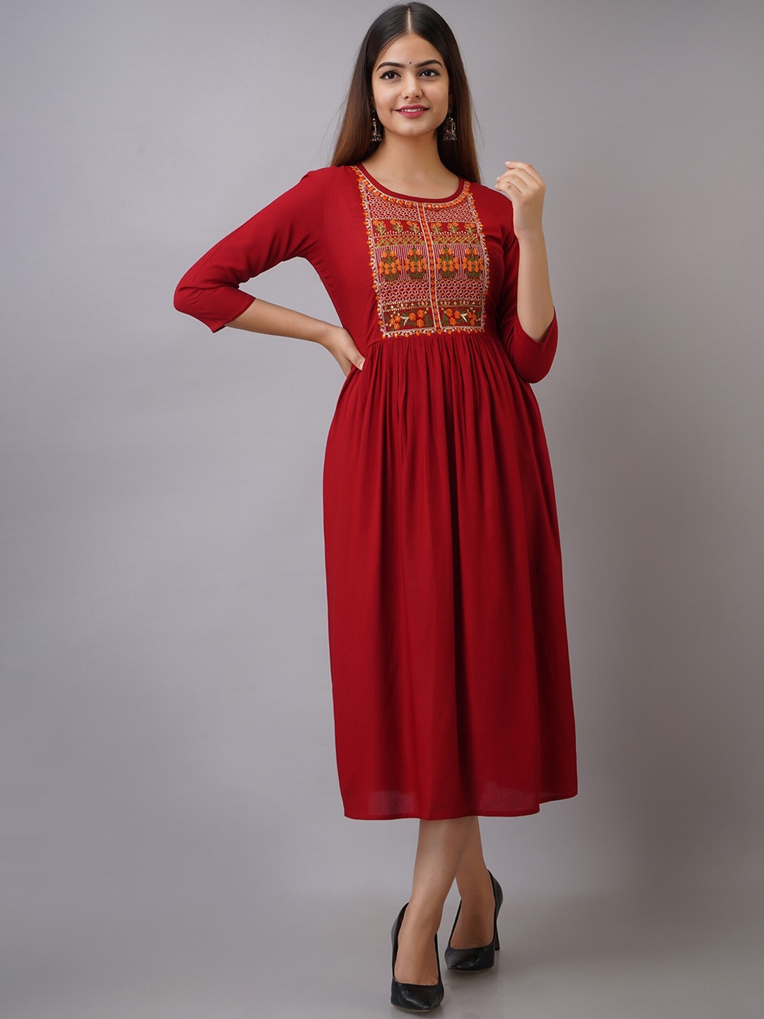 

BAIRAJ Ethnic Motifs Embroidered Anarkali Kurta, Maroon