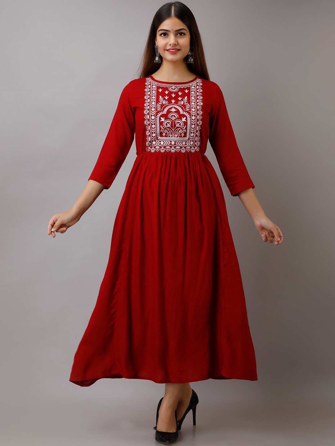 

BAIRAJ Embroidered Yoke Design Anarkali Kurta, Maroon