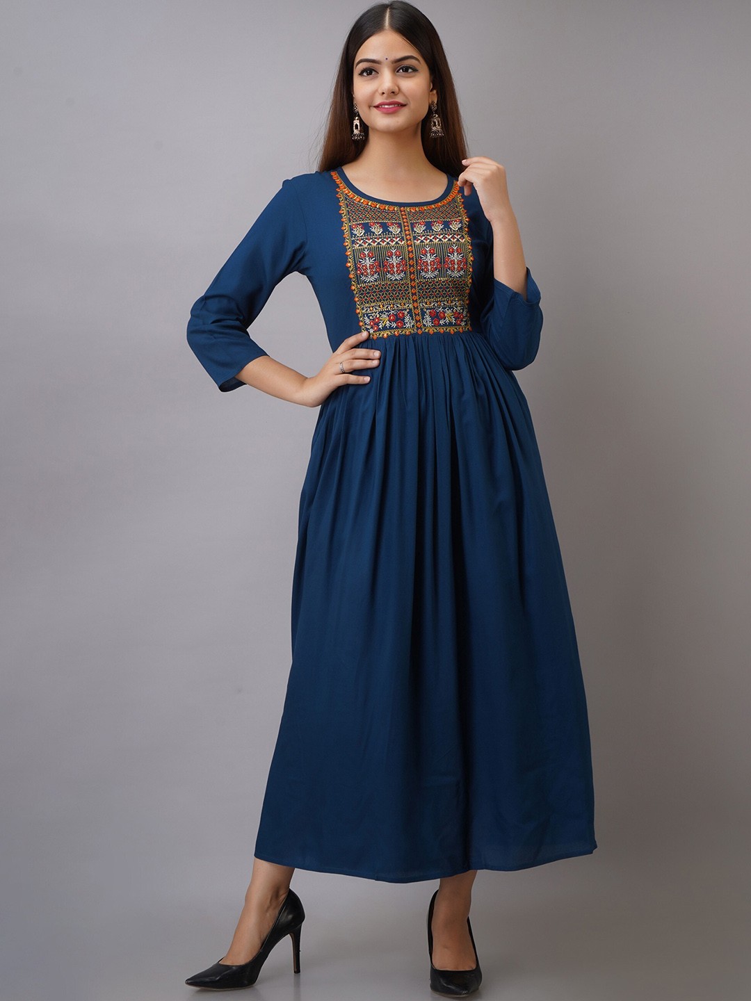

BAIRAJ Ethnic Motifs Yoke Design Flared Empire Thread Work Anarkali Kurta, Blue