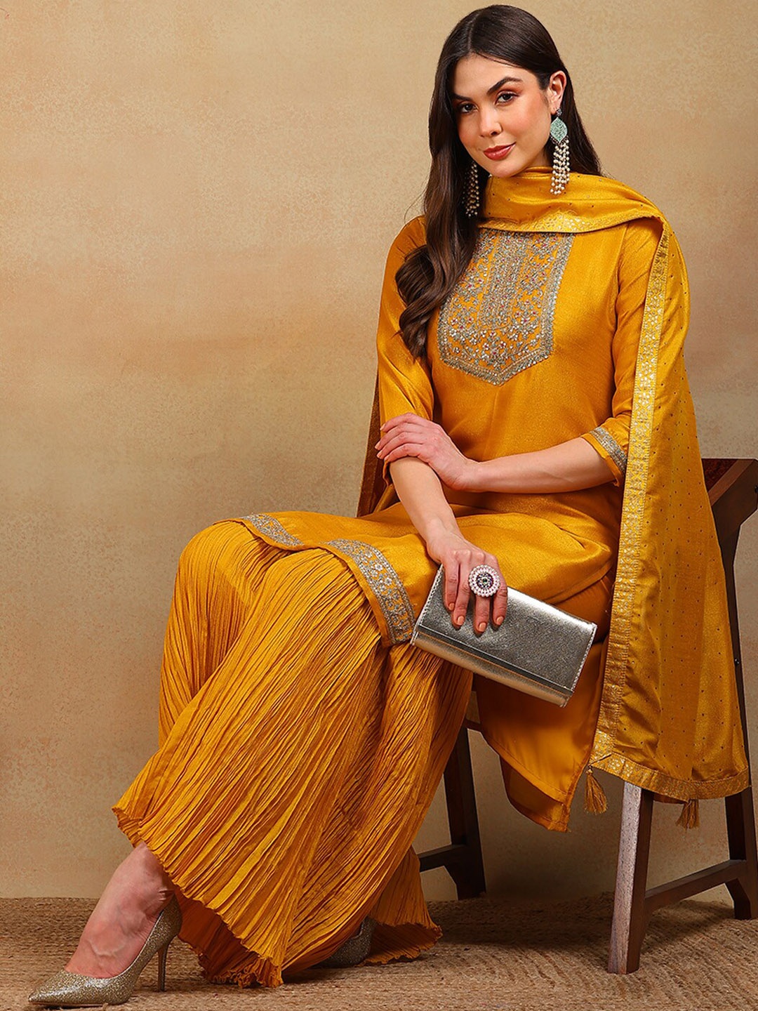 

AHIKA Floral Yoke Design Regular Kurta With Sharara & Dupatta, Yellow