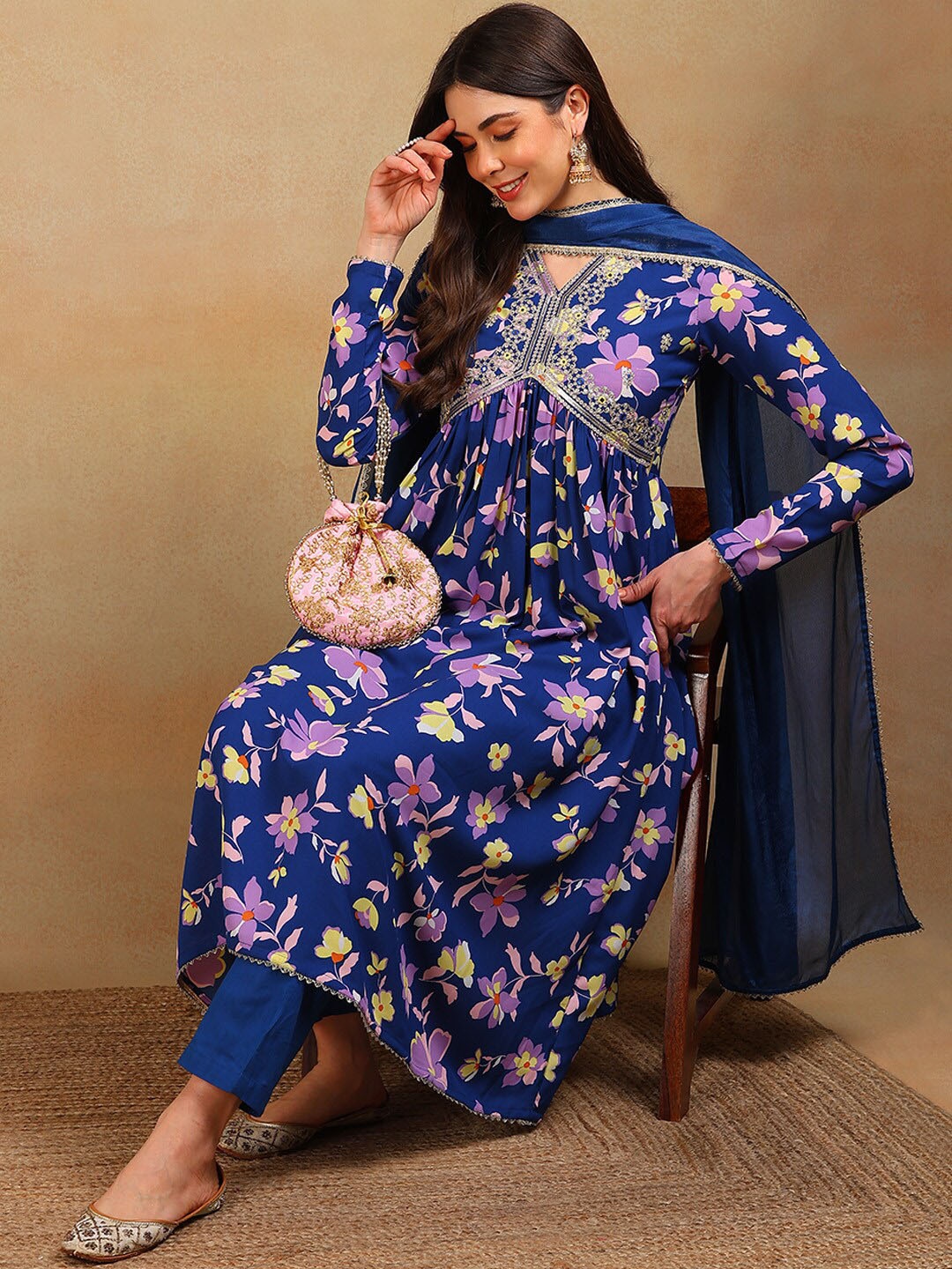 

AHIKA Floral Printed Empire Sequinned Kurta With Trousers & Dupatta, Blue