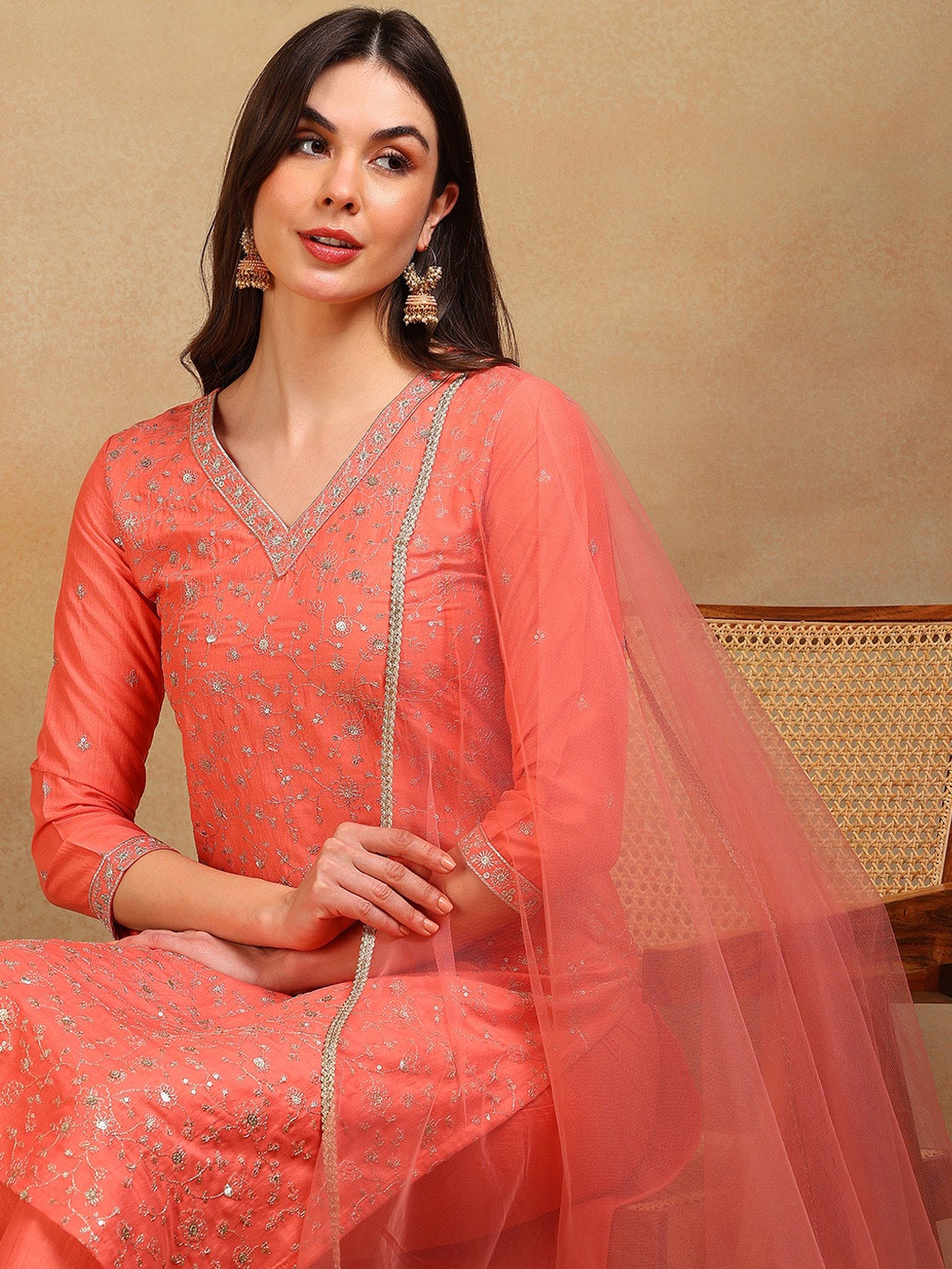 

AHIKA Floral Embroidered Regular Sequinned Kurta With Trousers & Dupatta, Coral