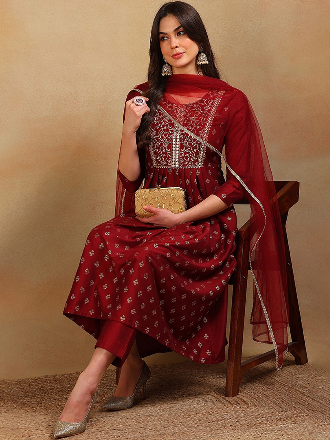 

AHIKA Ethnic Motifs Printed Mirror Work Kurta & Trousers With Dupatta, Maroon