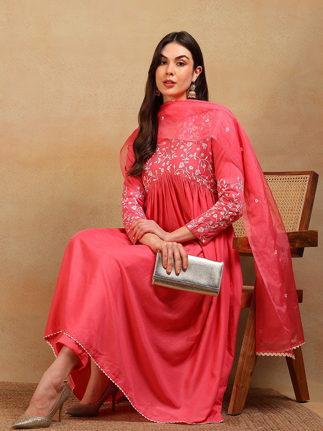 

AHIKA Ethnic Motifs Embroidered Empire Thread Work Kurta With Trousers & Dupatta, Pink