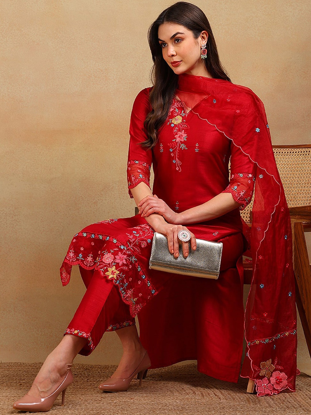 

AHIKA Floral Embroidered Straight Kurta with Trousers & Dupatta, Red