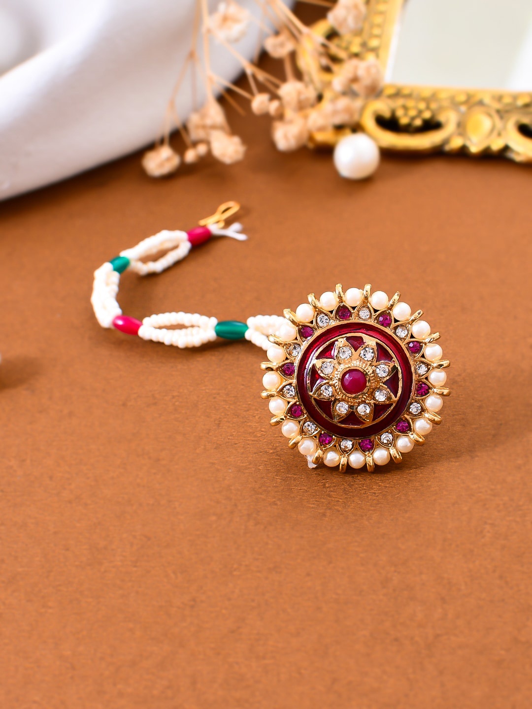 

Silvermerc Designs Gold-Plated Pearls Studded Maang Tikka Head Jewellery