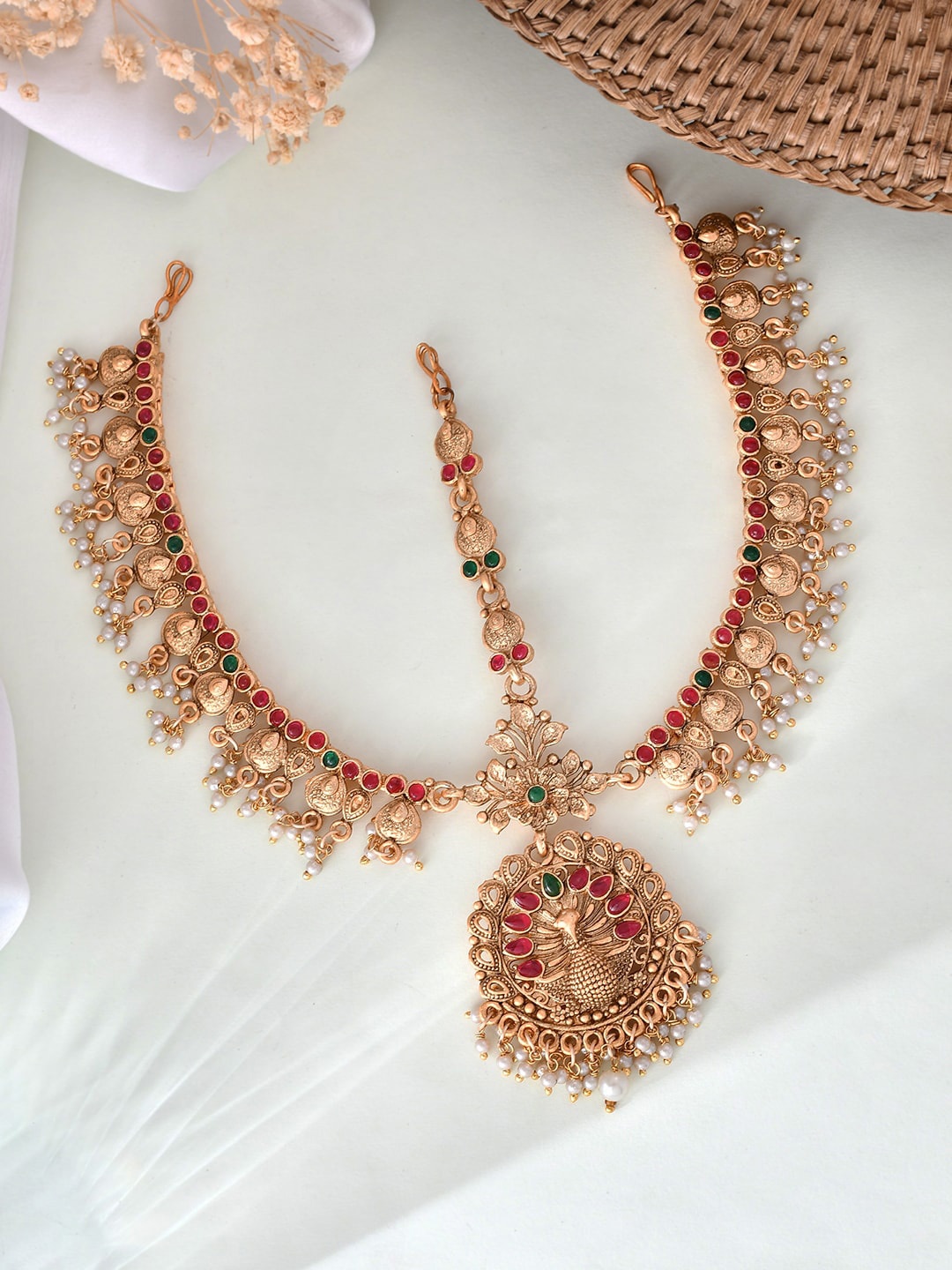

Silvermerc Designs Gold-Plated Pearls Studded Matha Patti Head Jewellery