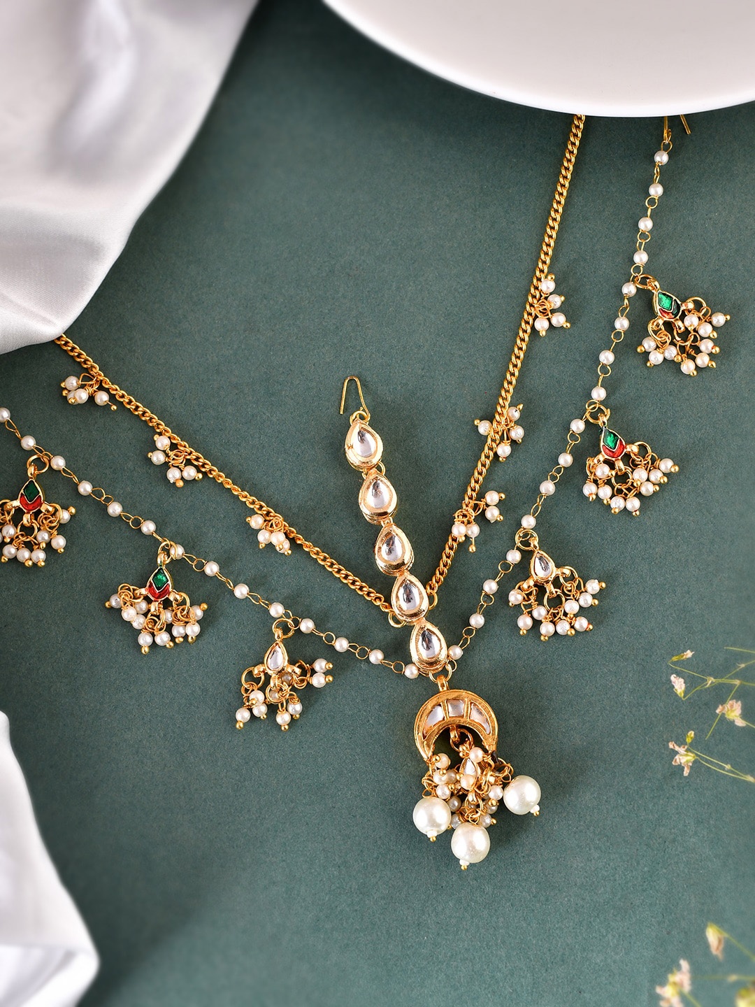 

Silvermerc Designs Gold-Plated Pearls Studded Matha Patti Head Jewellery