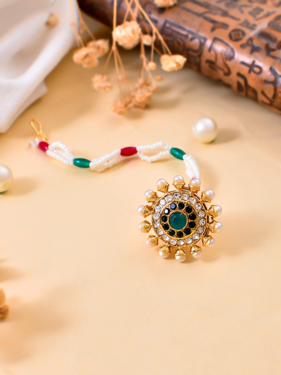 

Silvermerc Designs Gold-Plated Artificial Stones Beads Studded Maang Tikka Head Jewellery