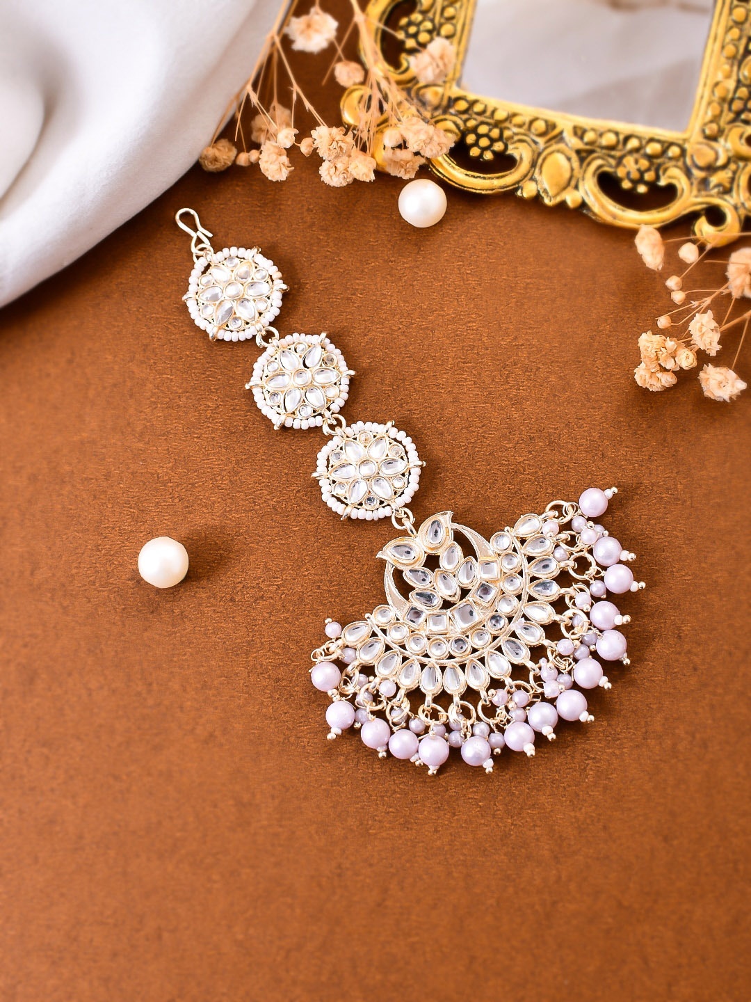

Silvermerc Designs Gold-Plated Pearls Studded Maang Tikka Head Jewellery