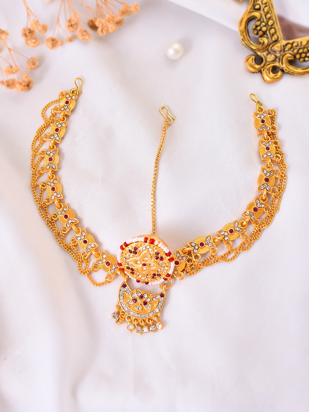 

Silvermerc Designs Gold-Plated Artificial Stones Studded Matha Patti Head Jewellery