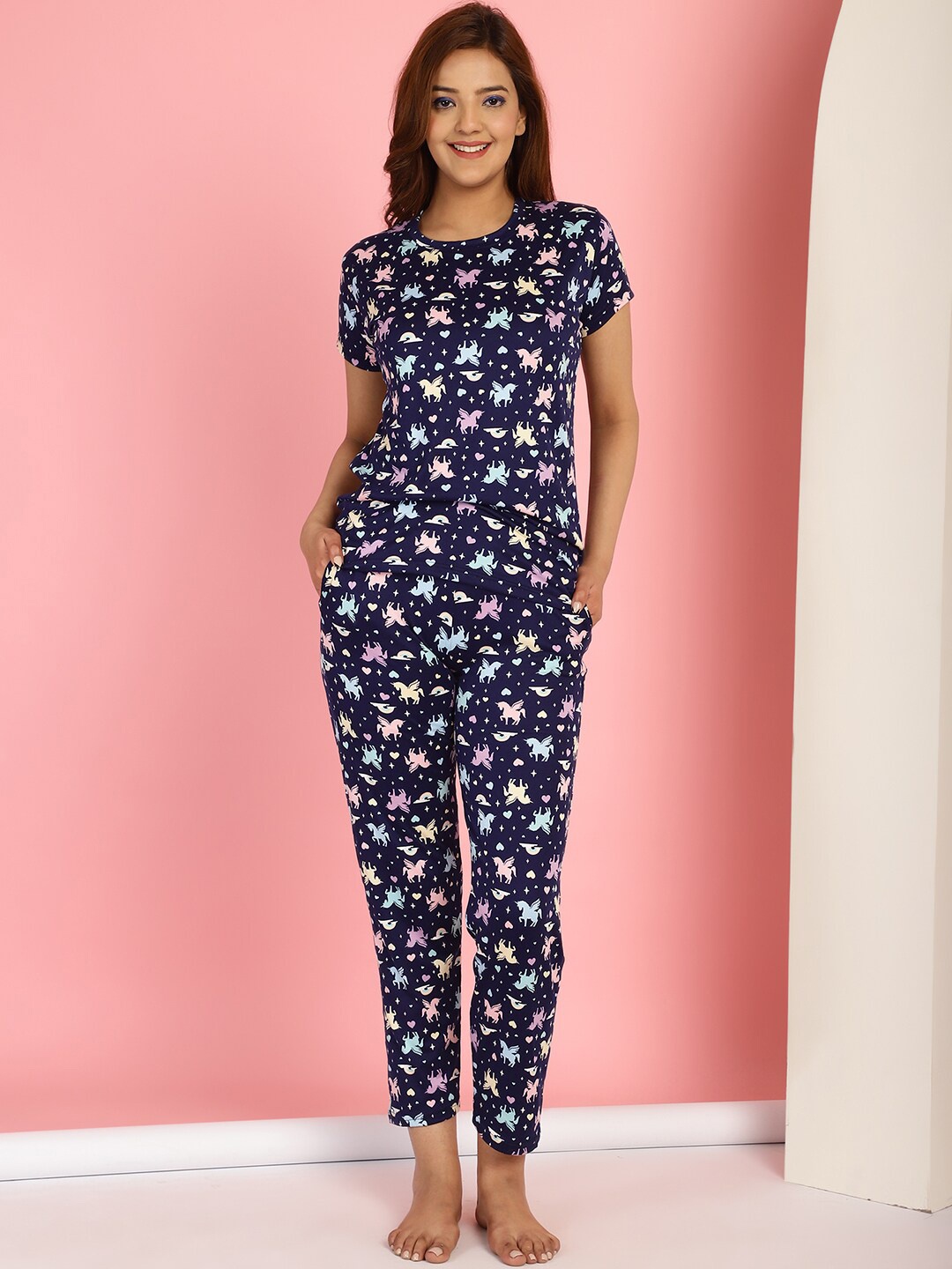 

GRACIT Conversational Printed Cotton Night Suit, Navy blue