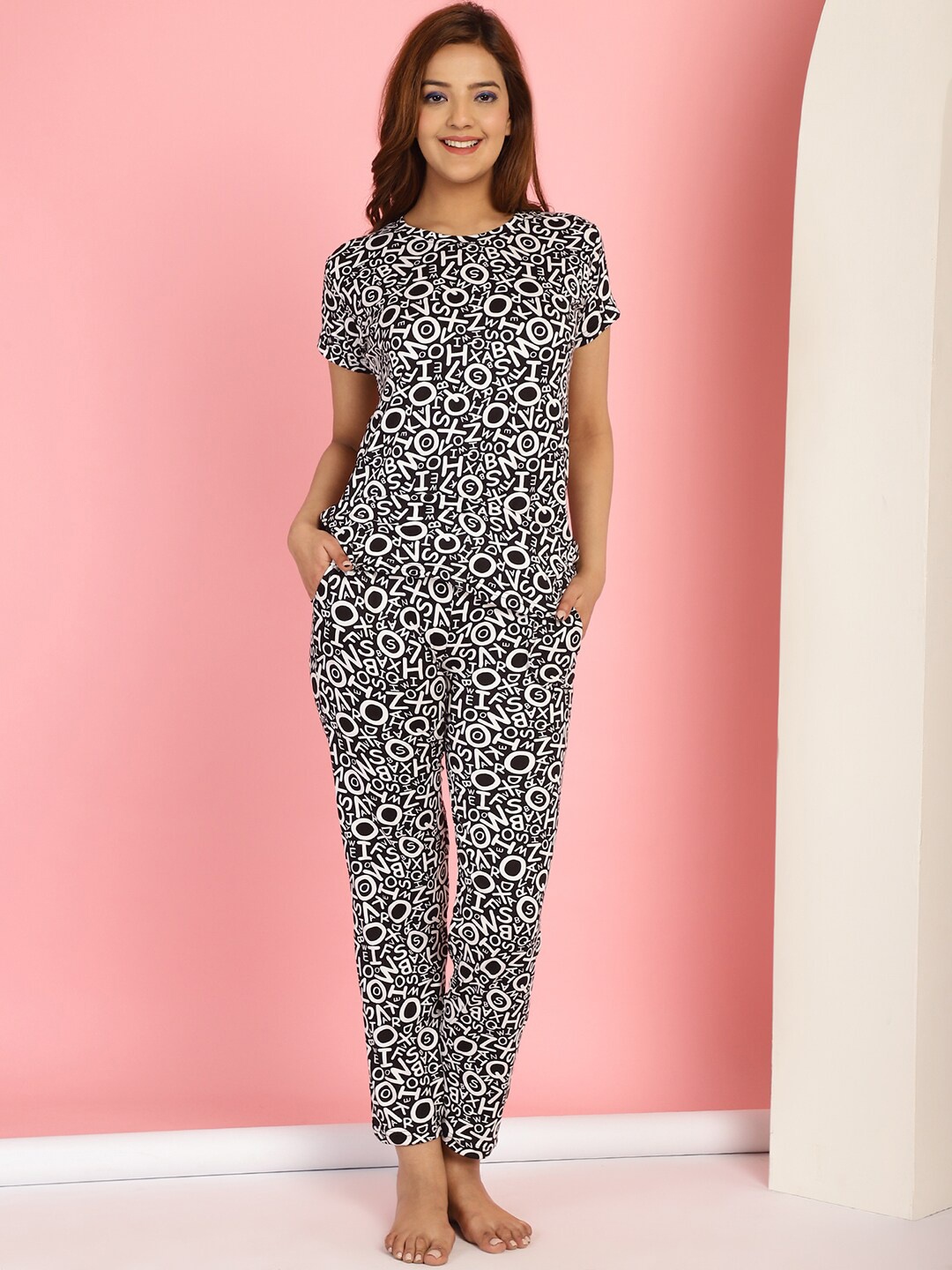 GRACIT Typography Cotton Printed Night suit, Grey