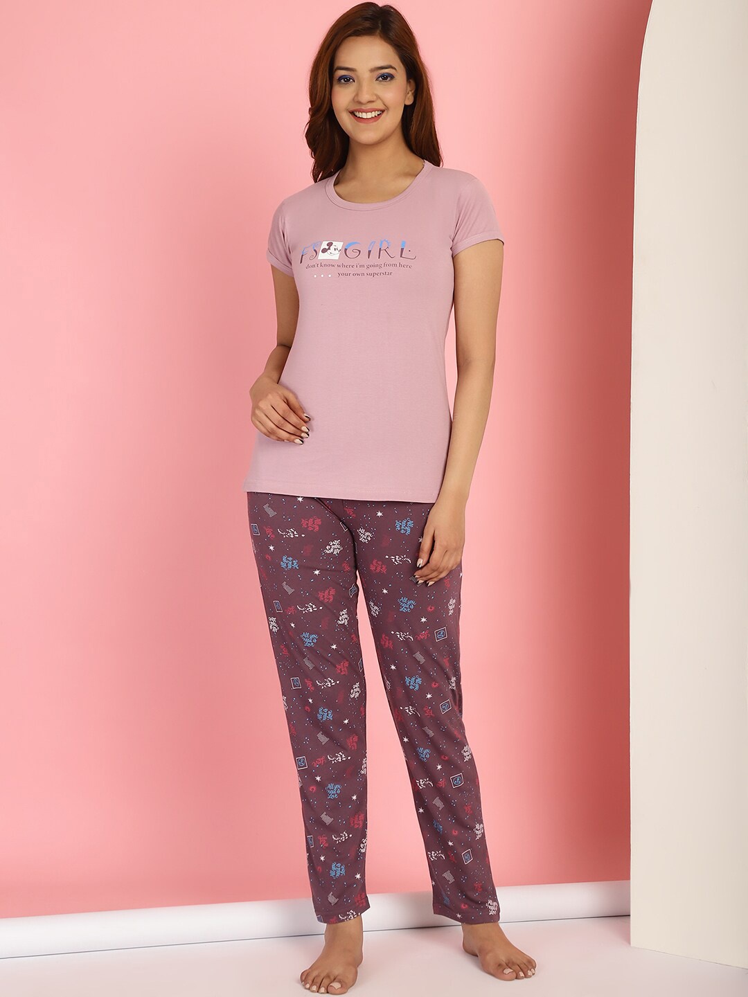 

GRACIT Typography Printed Cotton Night Suit, Pink