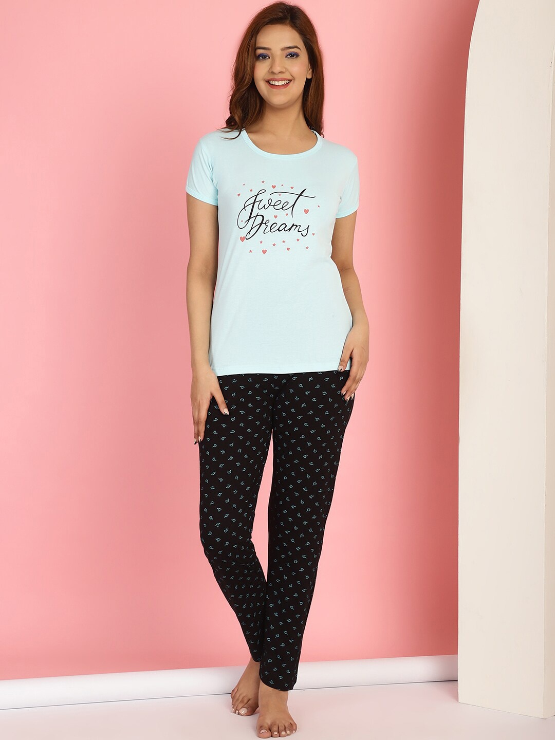 

GRACIT Typography Printed Cotton Night Suit, Turquoise blue