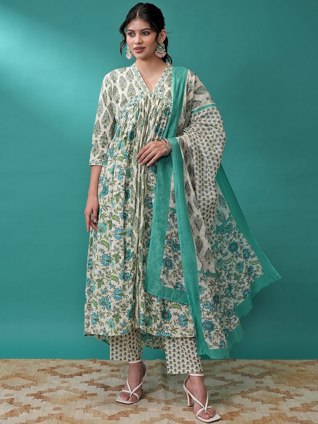 

Vishudh Ethnic Motifs Printed Empire Anarkali Kurta with Trousers & With Dupatta, Off white