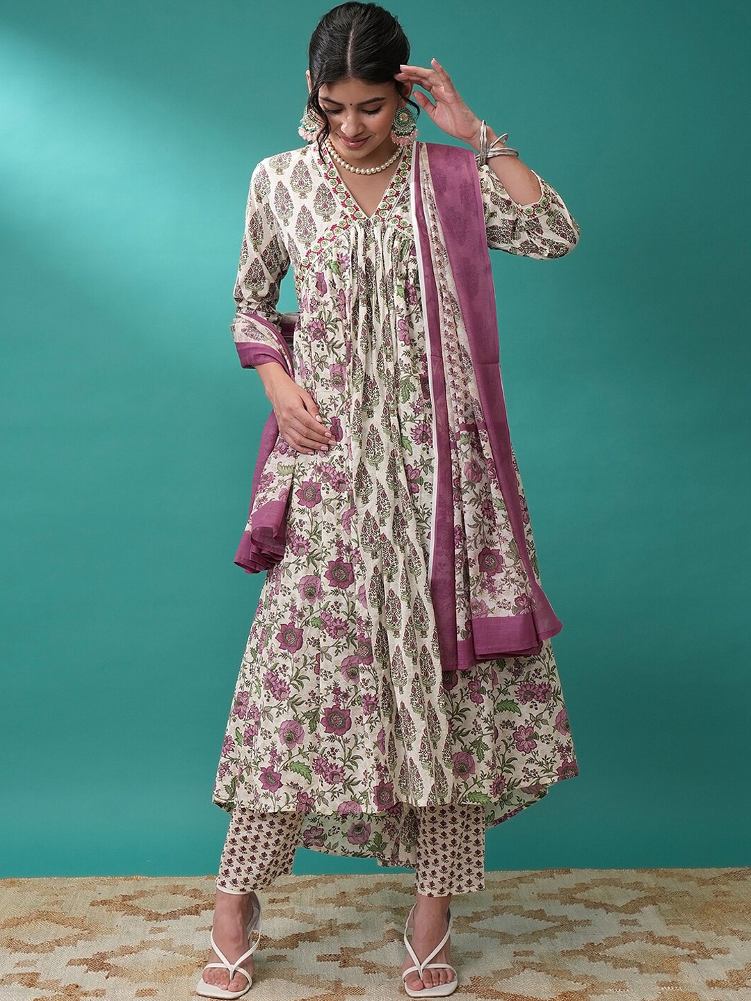 

Vishudh Floral Printed Empire Anarkali Kurta with Trousers & Dupatta, White