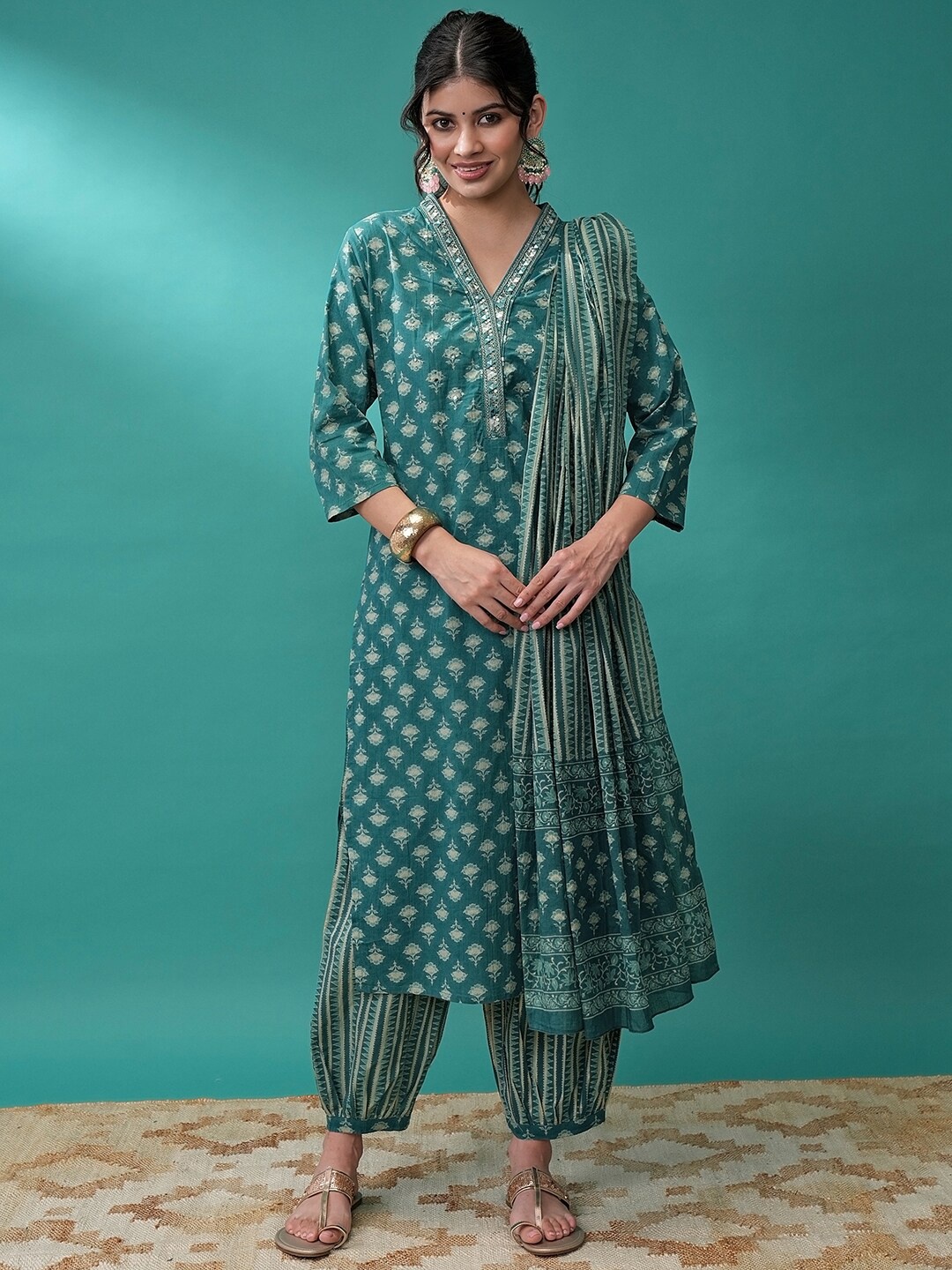

Vishudh Ethnic Motifs Printed Regular Mirror Work Kurta with Salwar & With Dupatta, Blue
