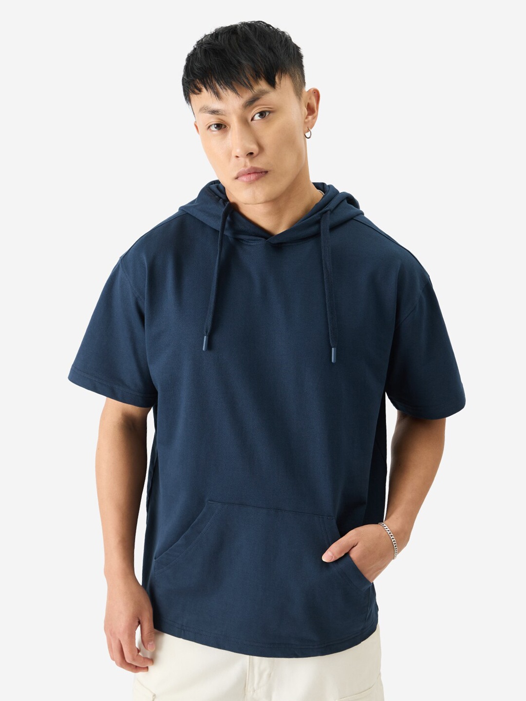 

The Souled Store Cotton Hood Oversized Knitted T-shirt, Navy blue